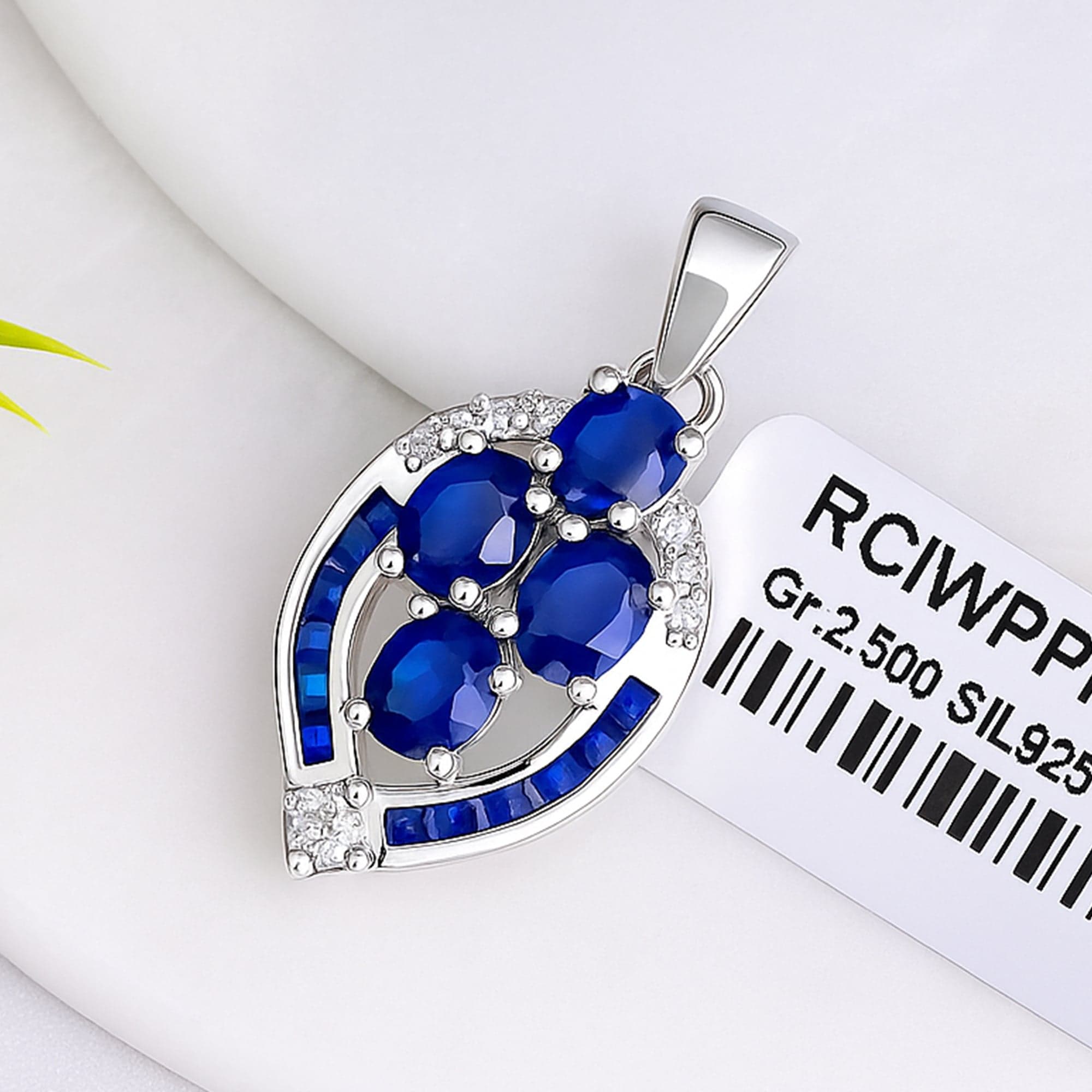 Blue Sapphire Leaf Pendant with Chain