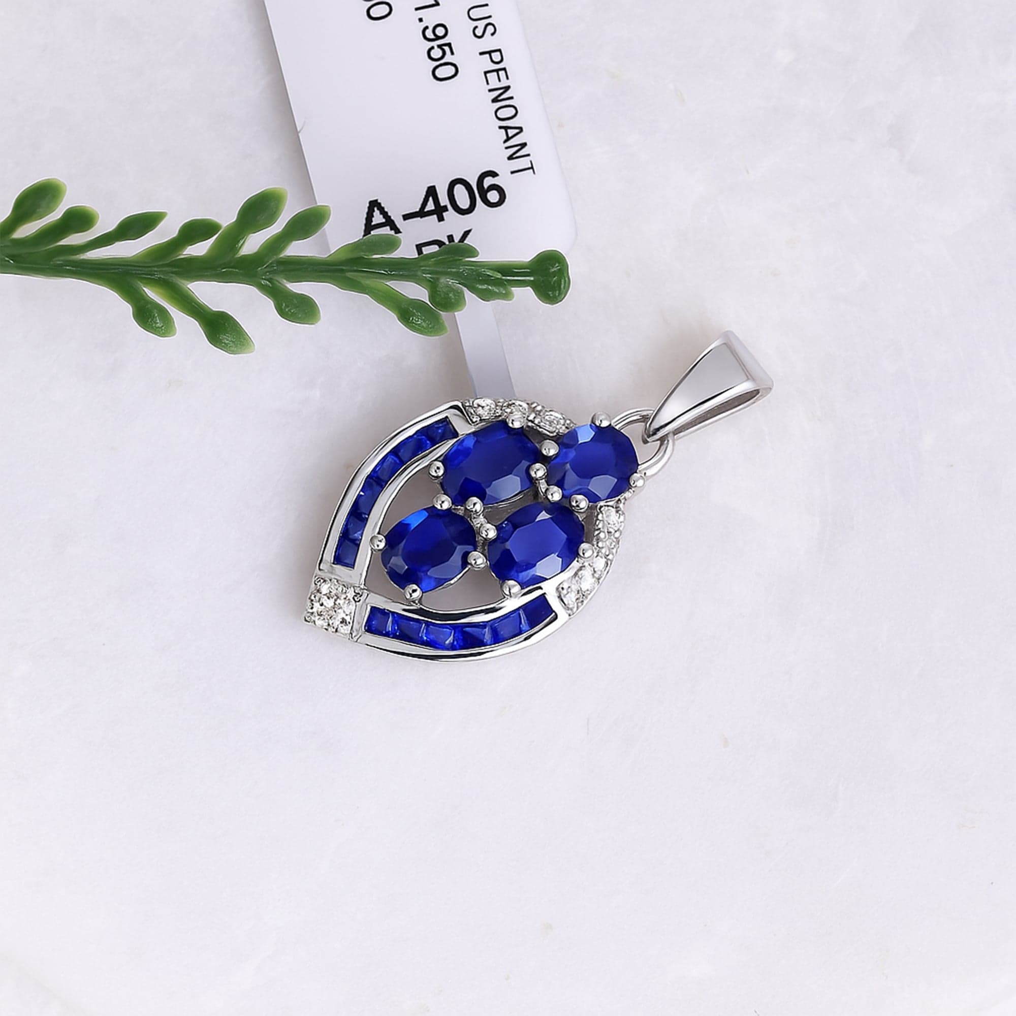 Blue Sapphire Leaf Pendant with Chain