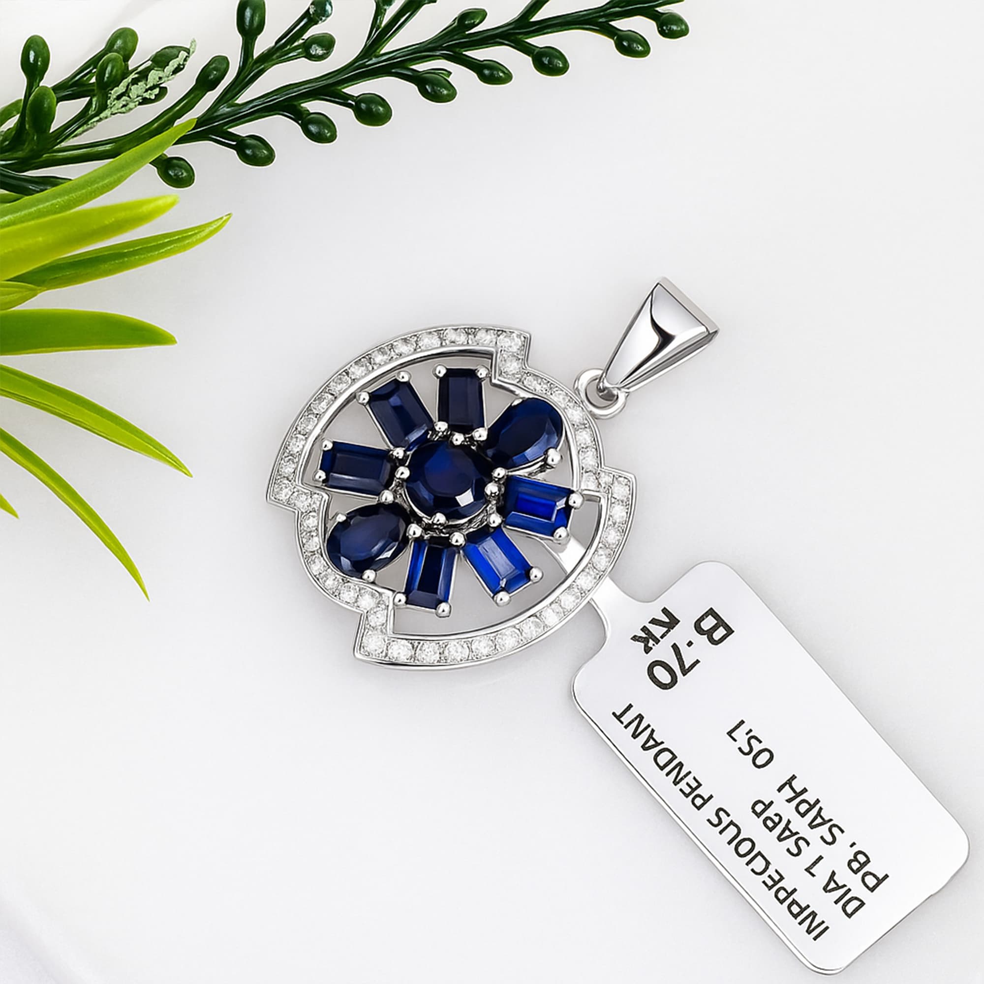 Blue Sapphire Diamond Floral Halo Pendant