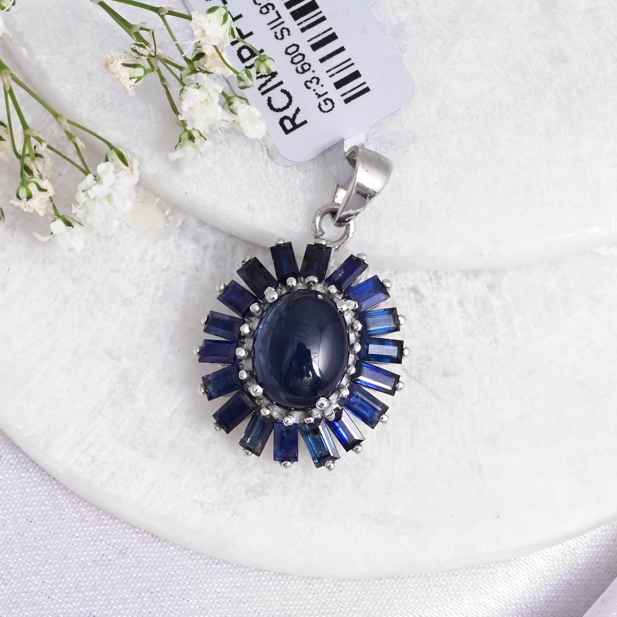 Blue Sapphire Sunburst Pendant Necklace