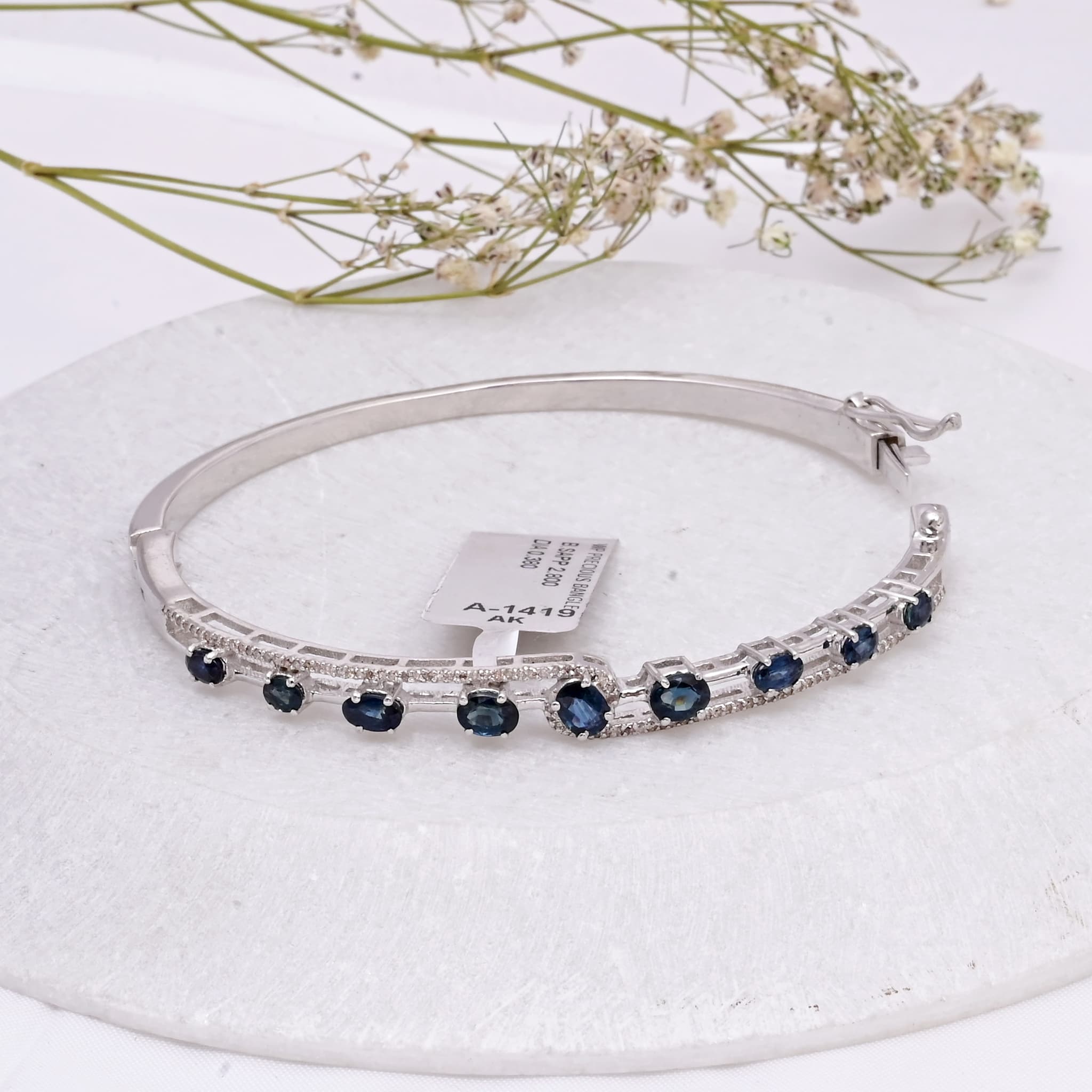 Blue Sapphire Diamond Line Bangle