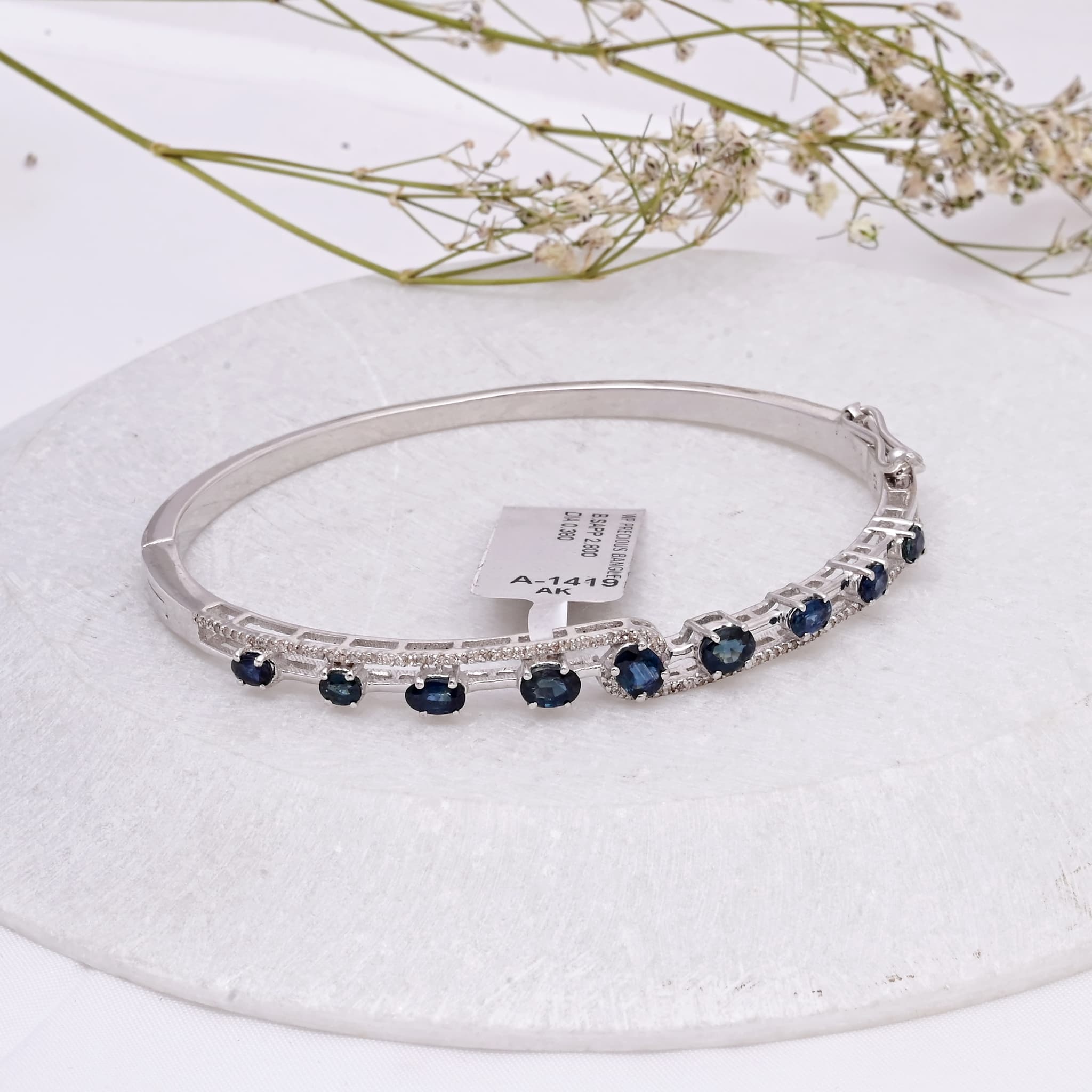 Blue Sapphire Diamond Line Bangle