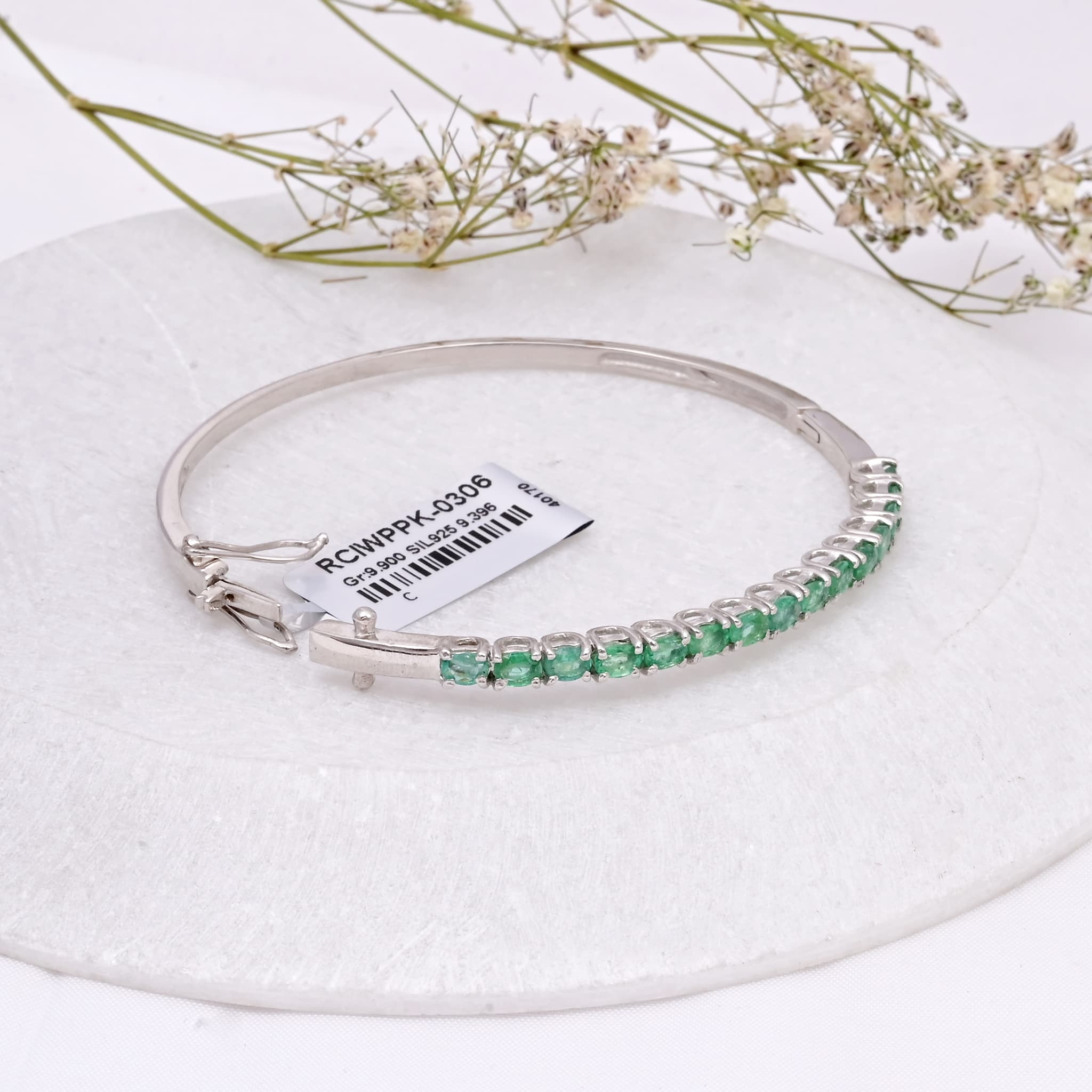 Emerald Line Silver Bangle