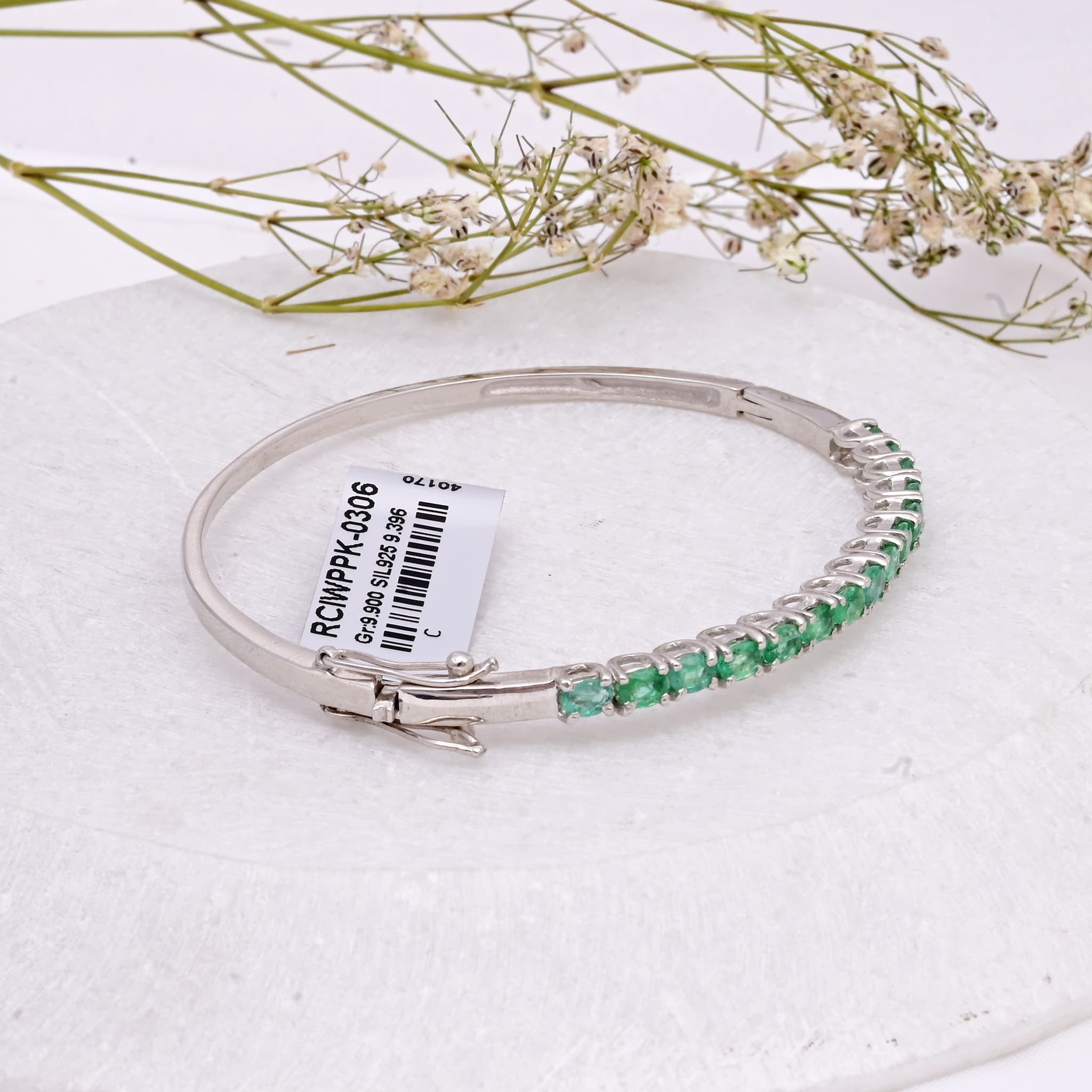 Emerald Line Silver Bangle