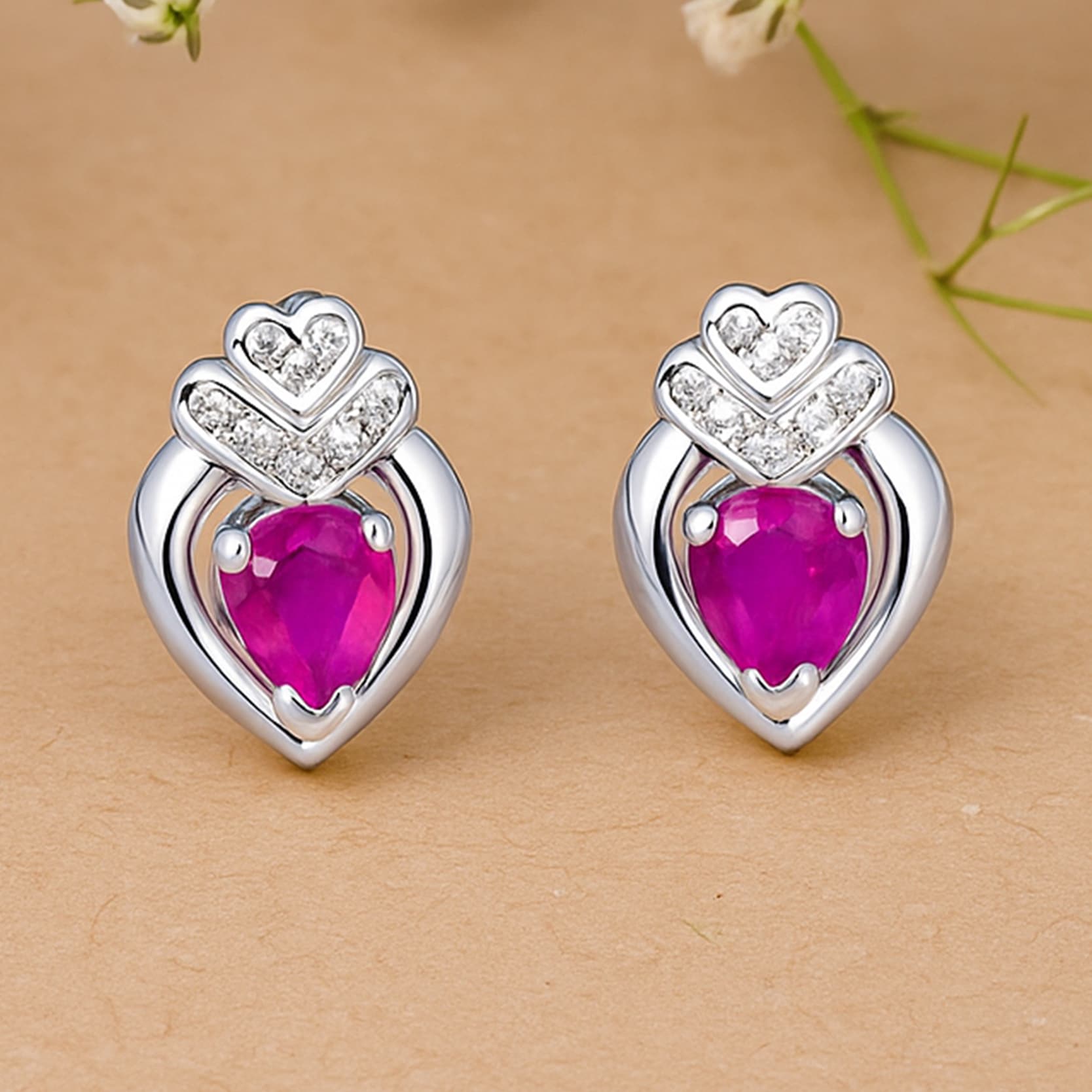 Heart Crown Ruby Stud Earrings