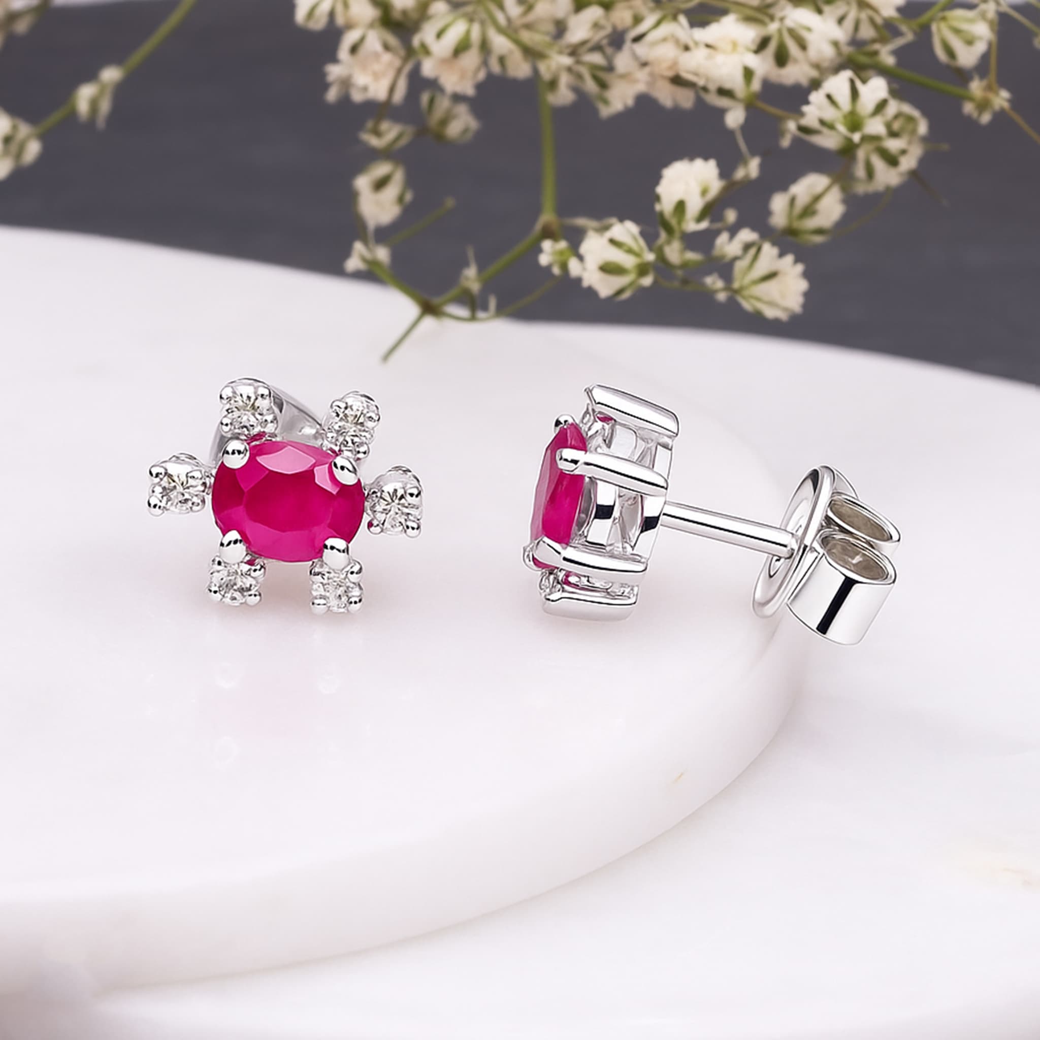 Ruby Diamond Halo Stud Earrings