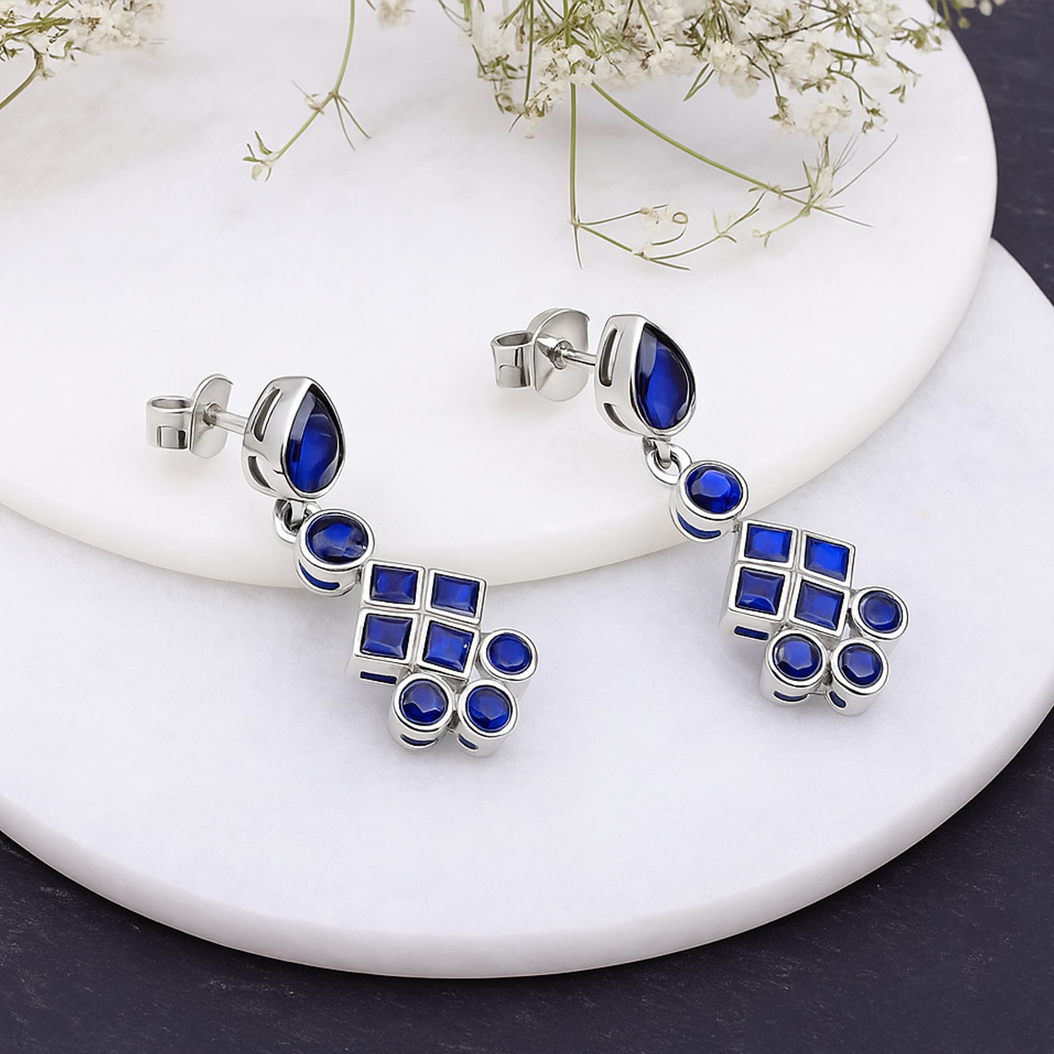 Geometric Sapphire Drop Earrings