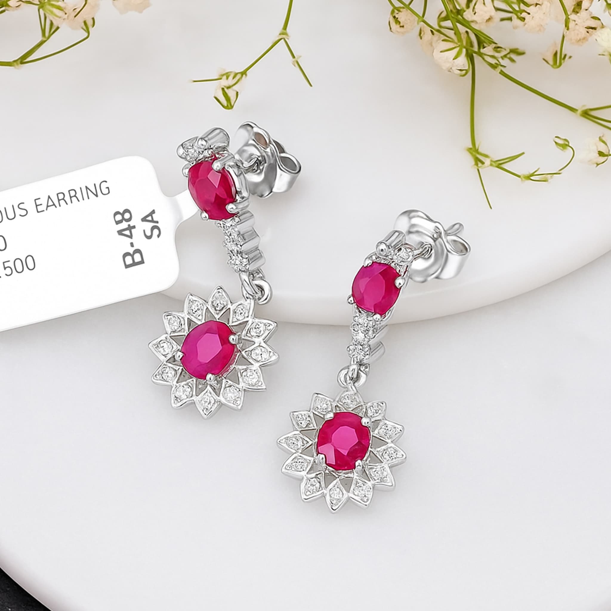 Ruby Floral Halo Drop Earrings