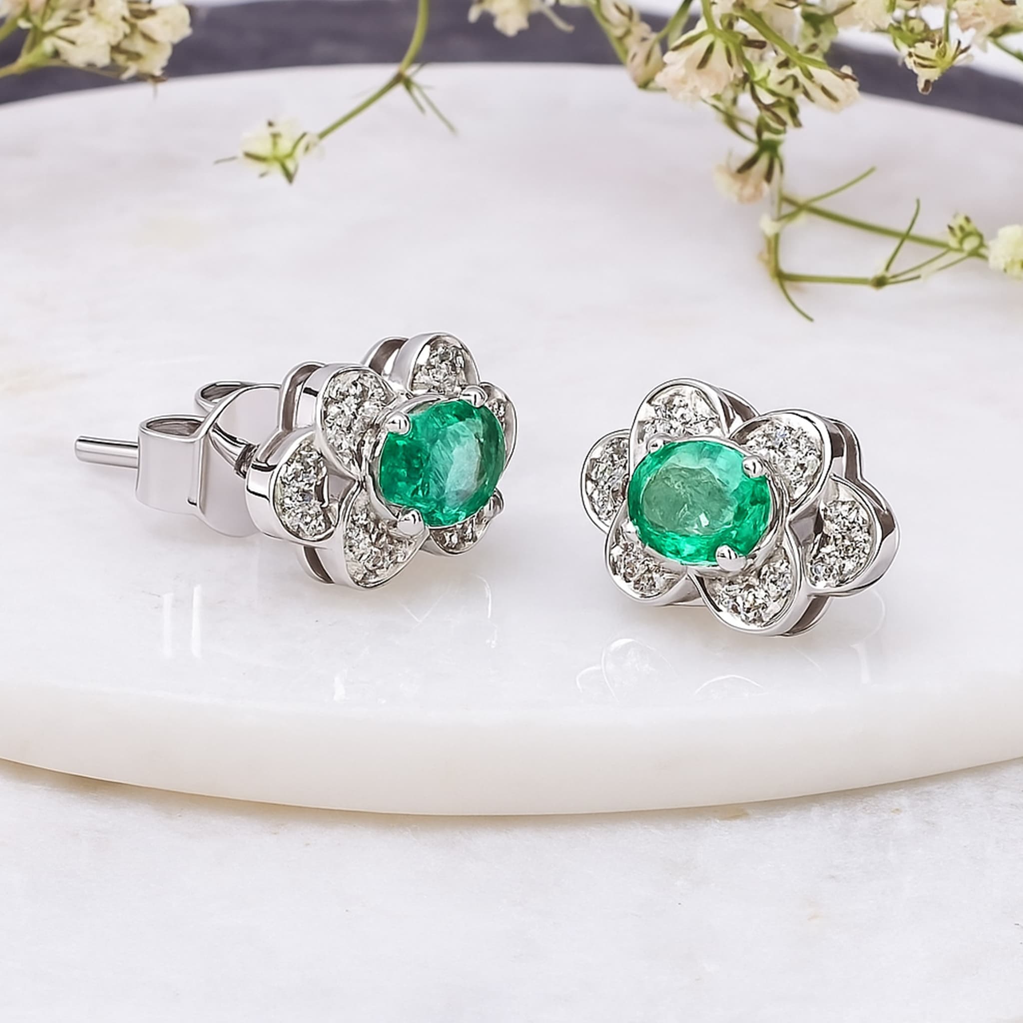 Emerald Floral Diamond Stud Earrings alternate view