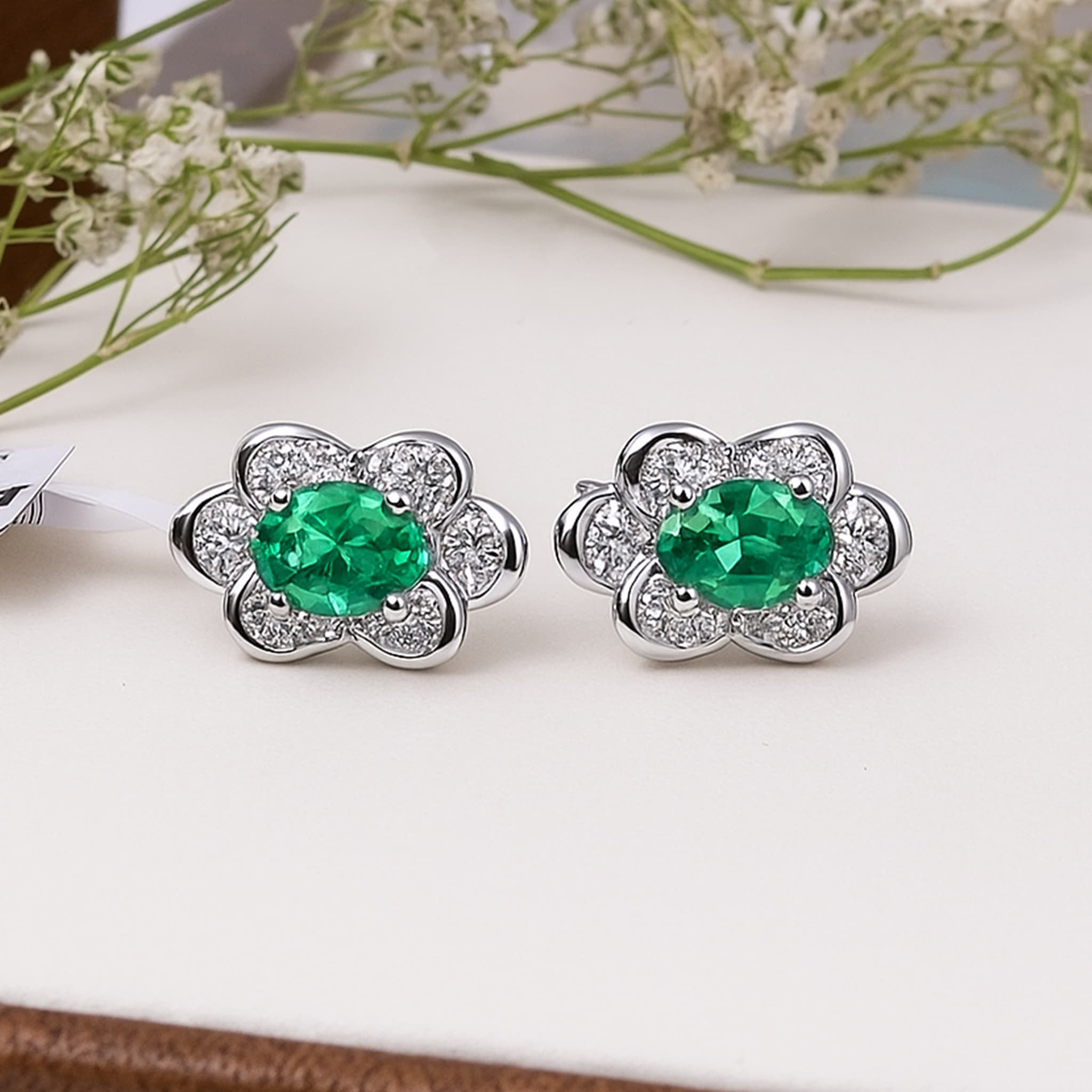 Emerald Floral Diamond Stud Earrings