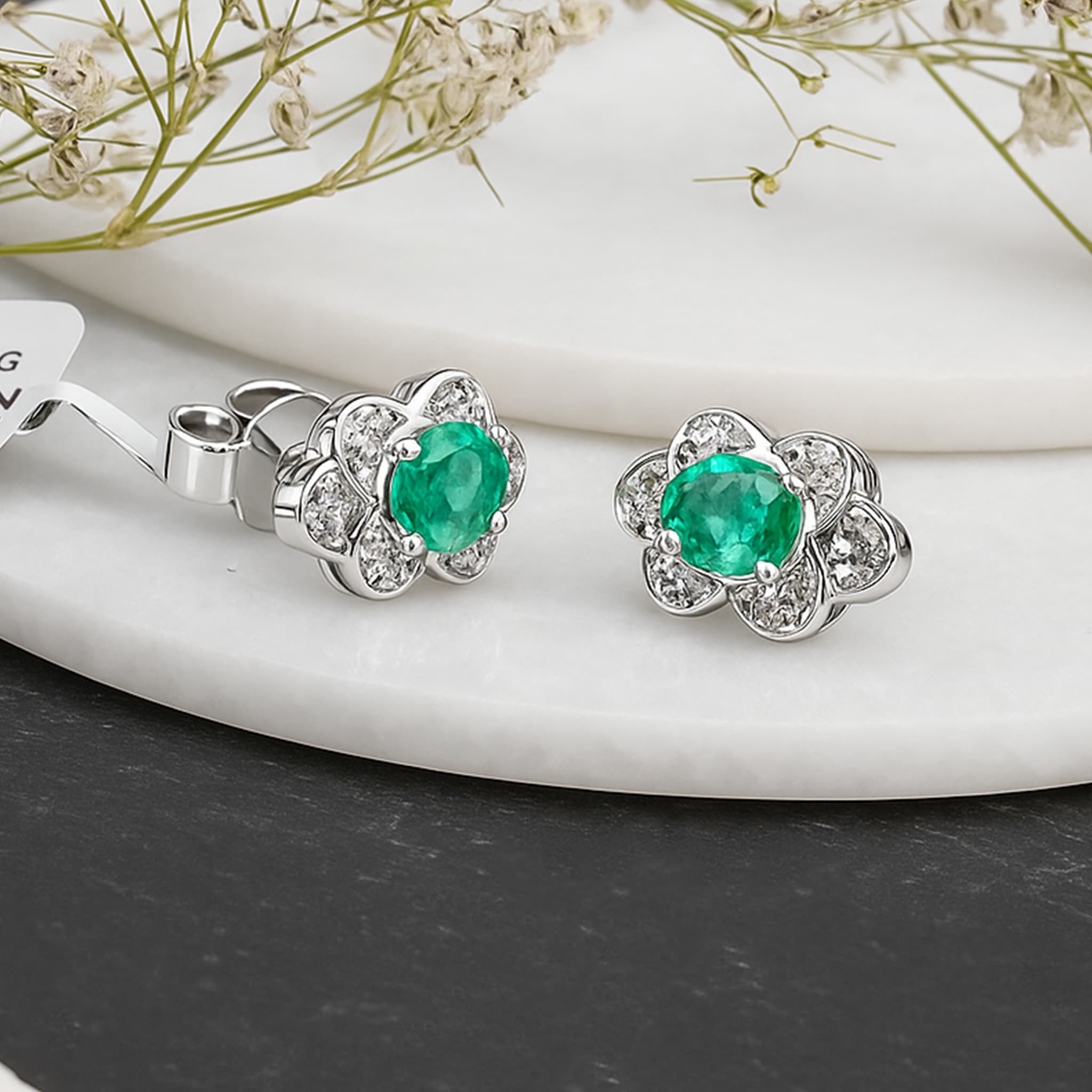 Emerald Floral Diamond Stud Earrings