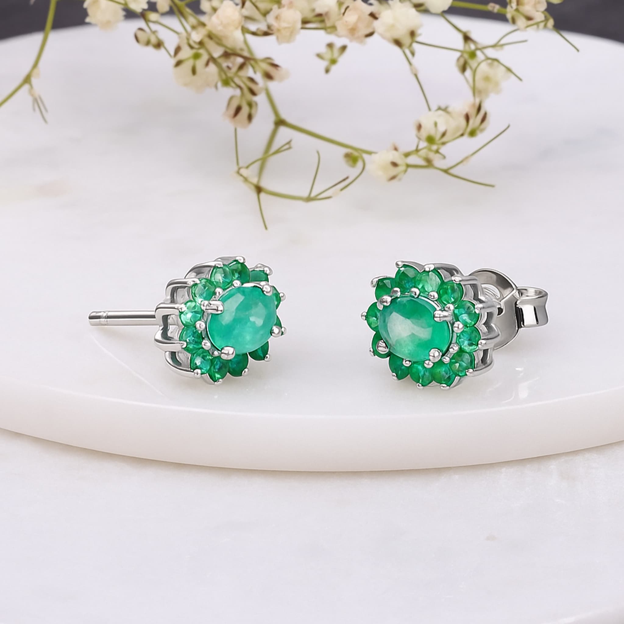 Emerald Halo Cluster Stud Earrings