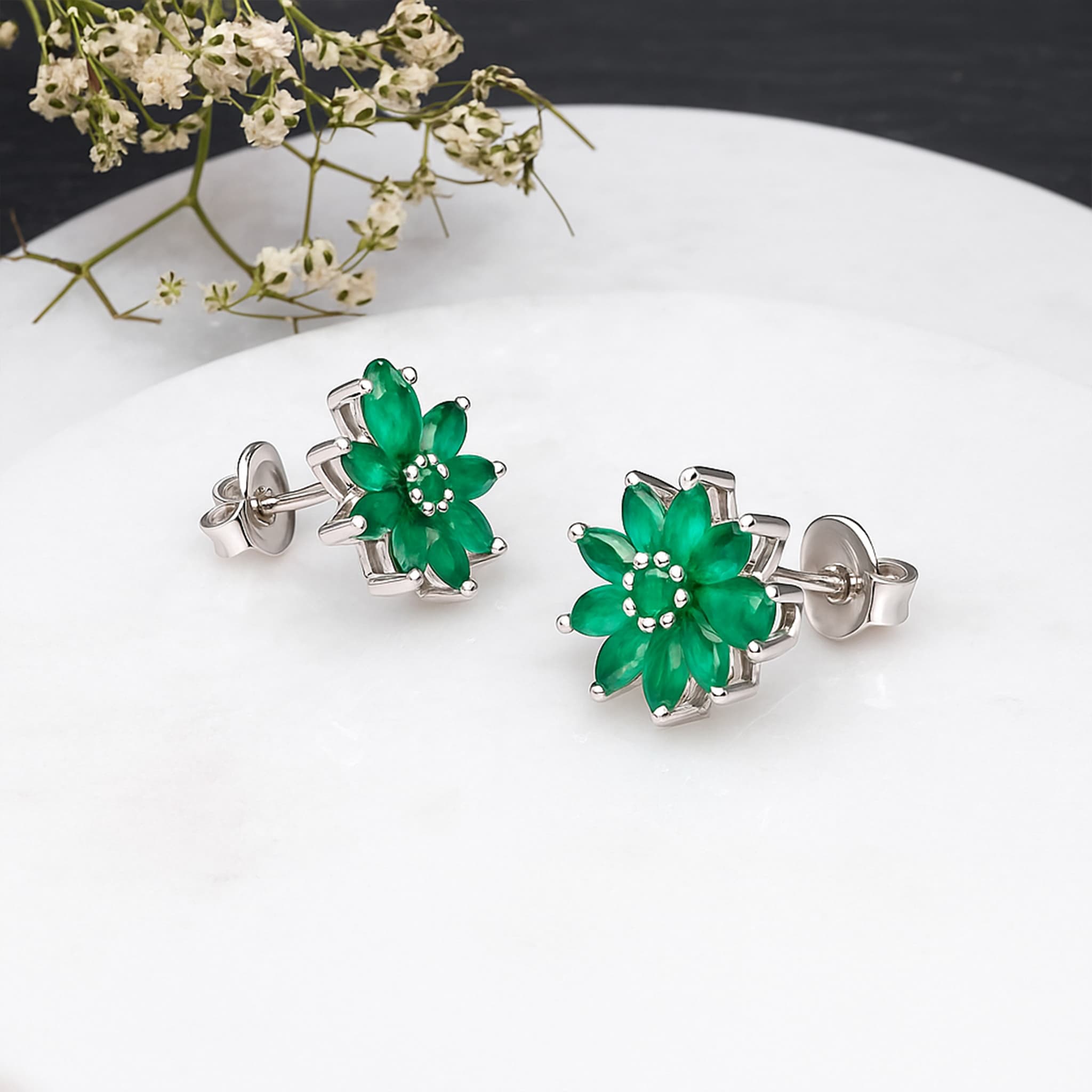 Emerald Floral Cluster Stud Earrings