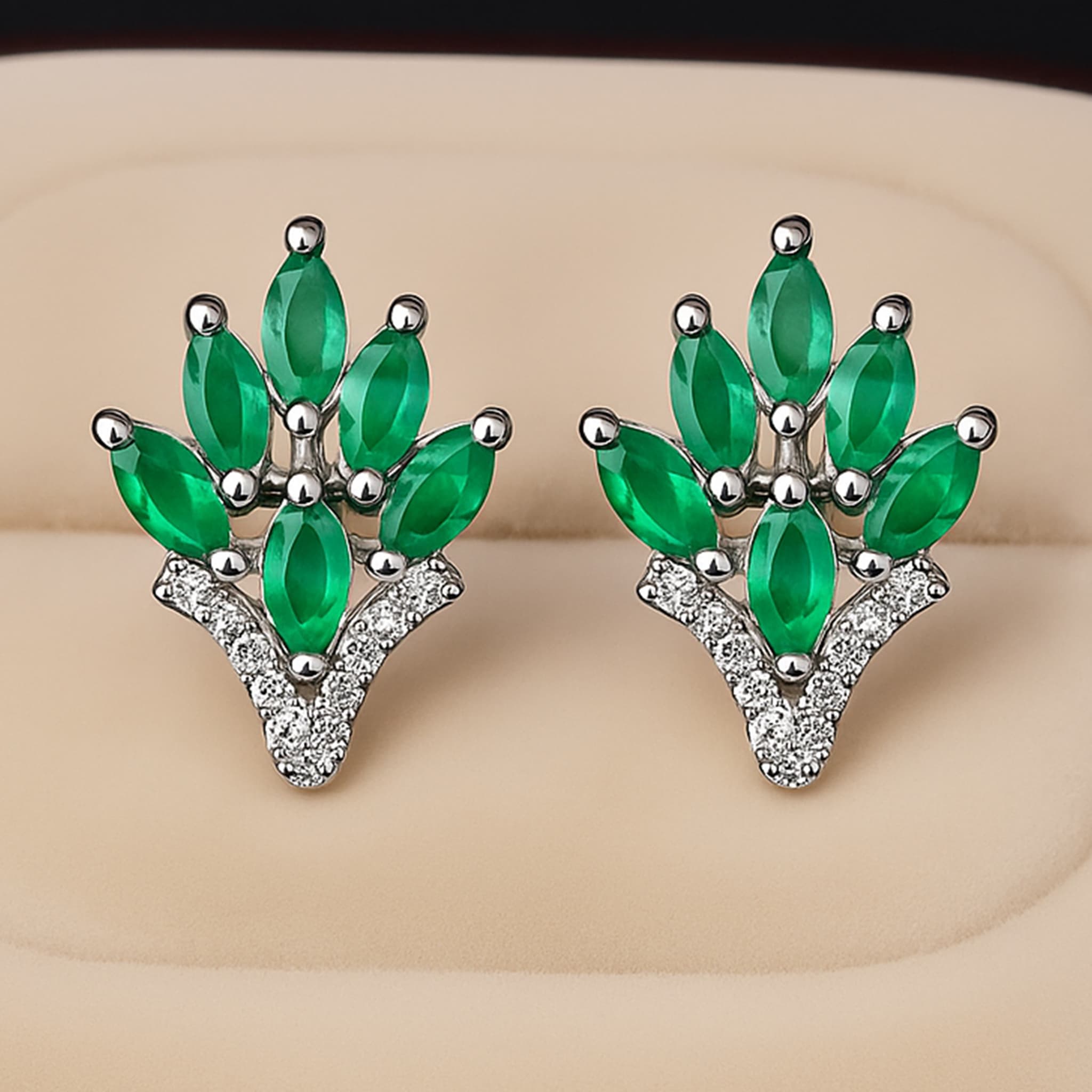 Emerald Leaf Diamond Stud Earrings