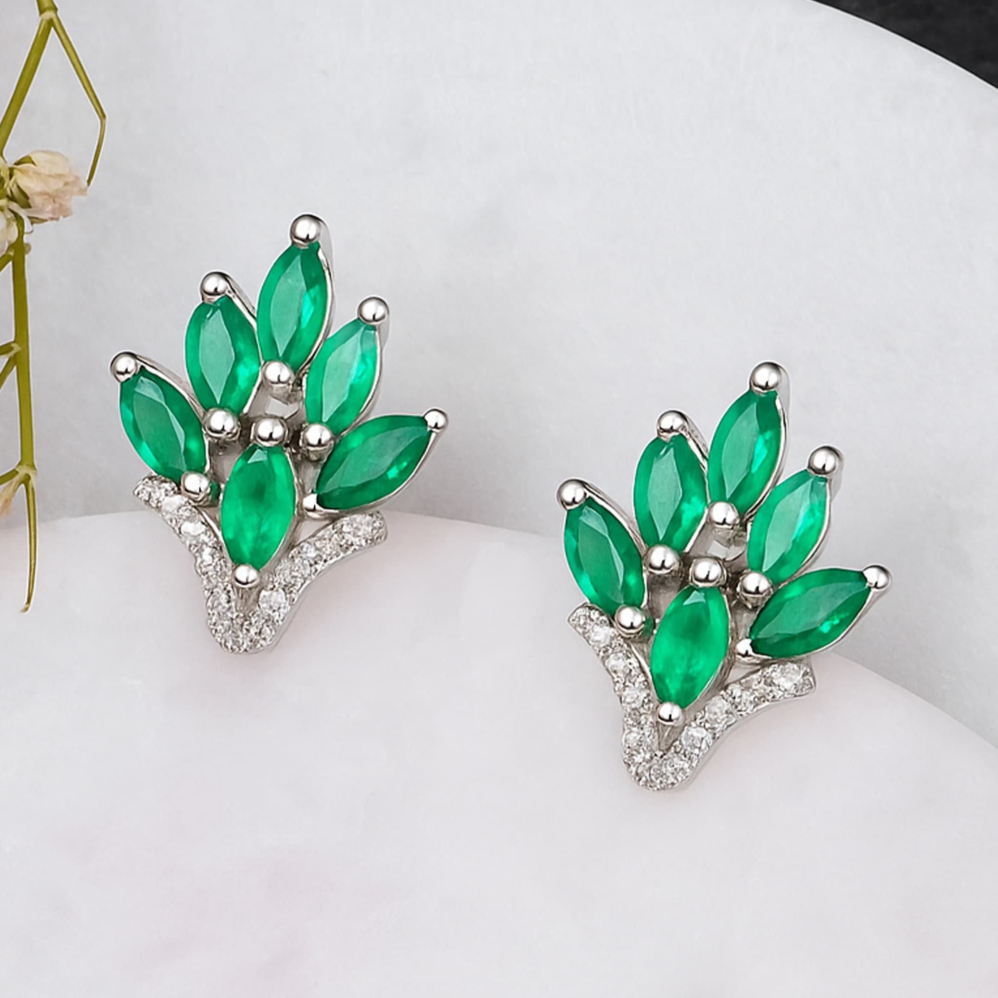 Emerald Leaf Diamond Stud Earrings