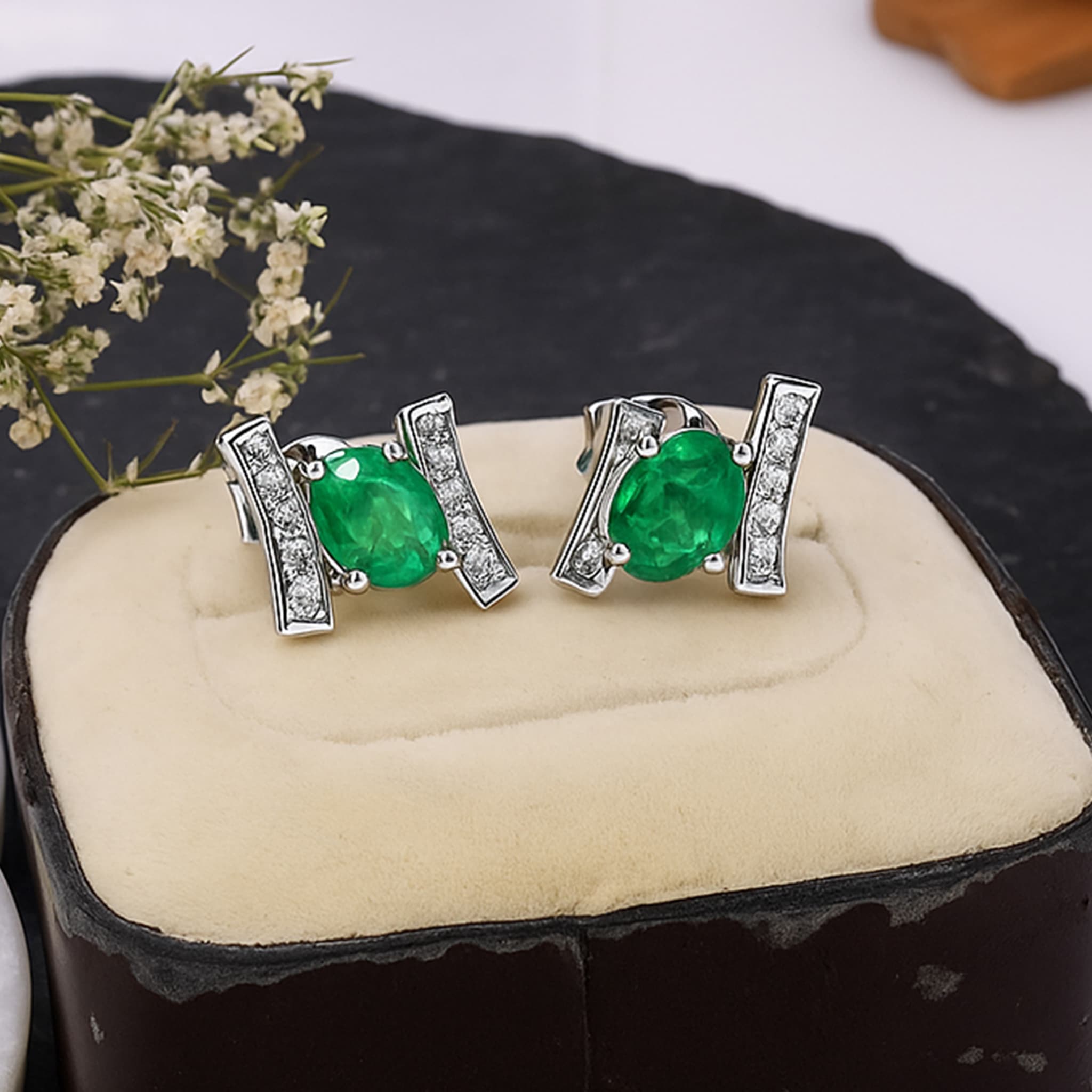 Modern Emerald Diamond Stud Earrings alternate view