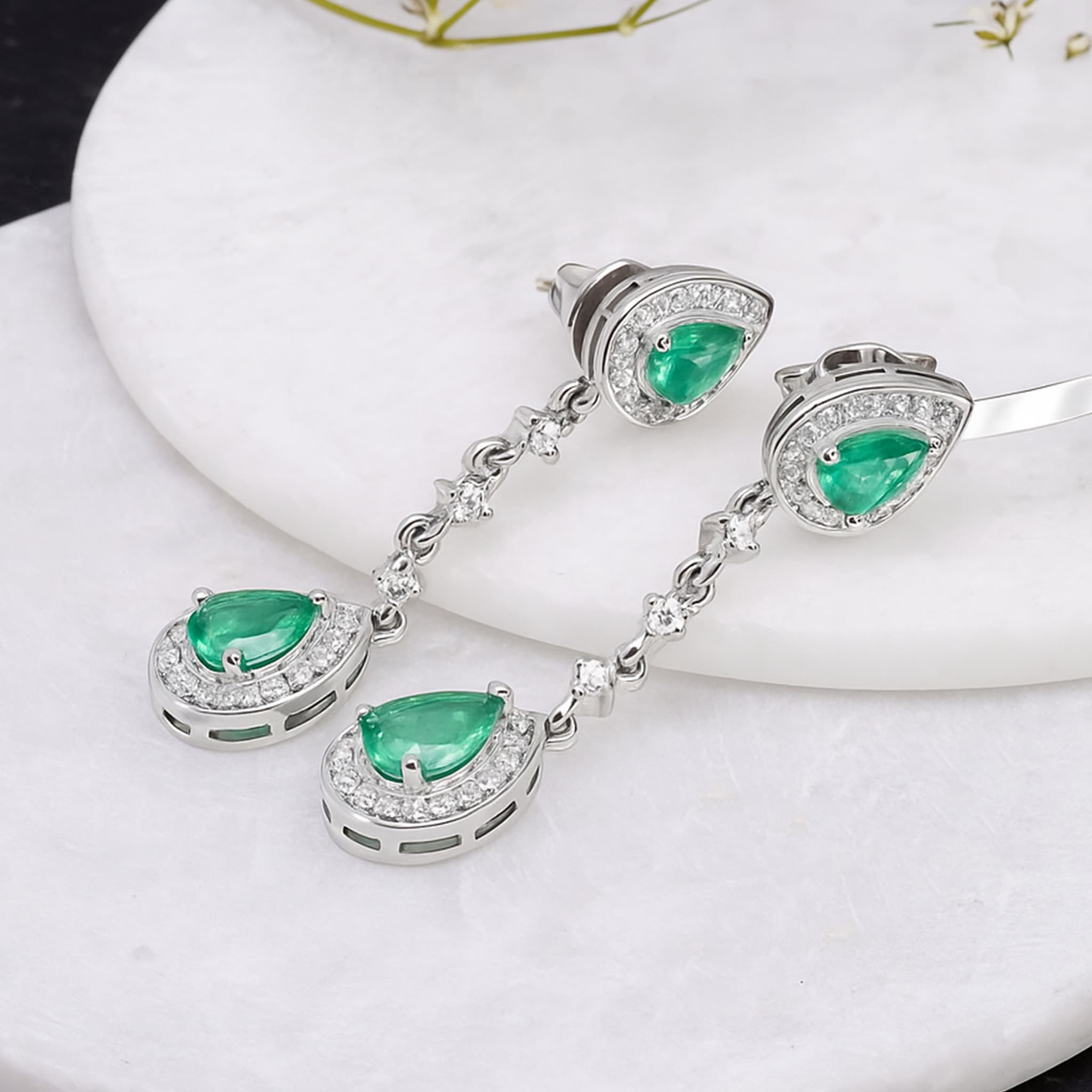 Emerald Diamond Teardrop Dangle Earrings