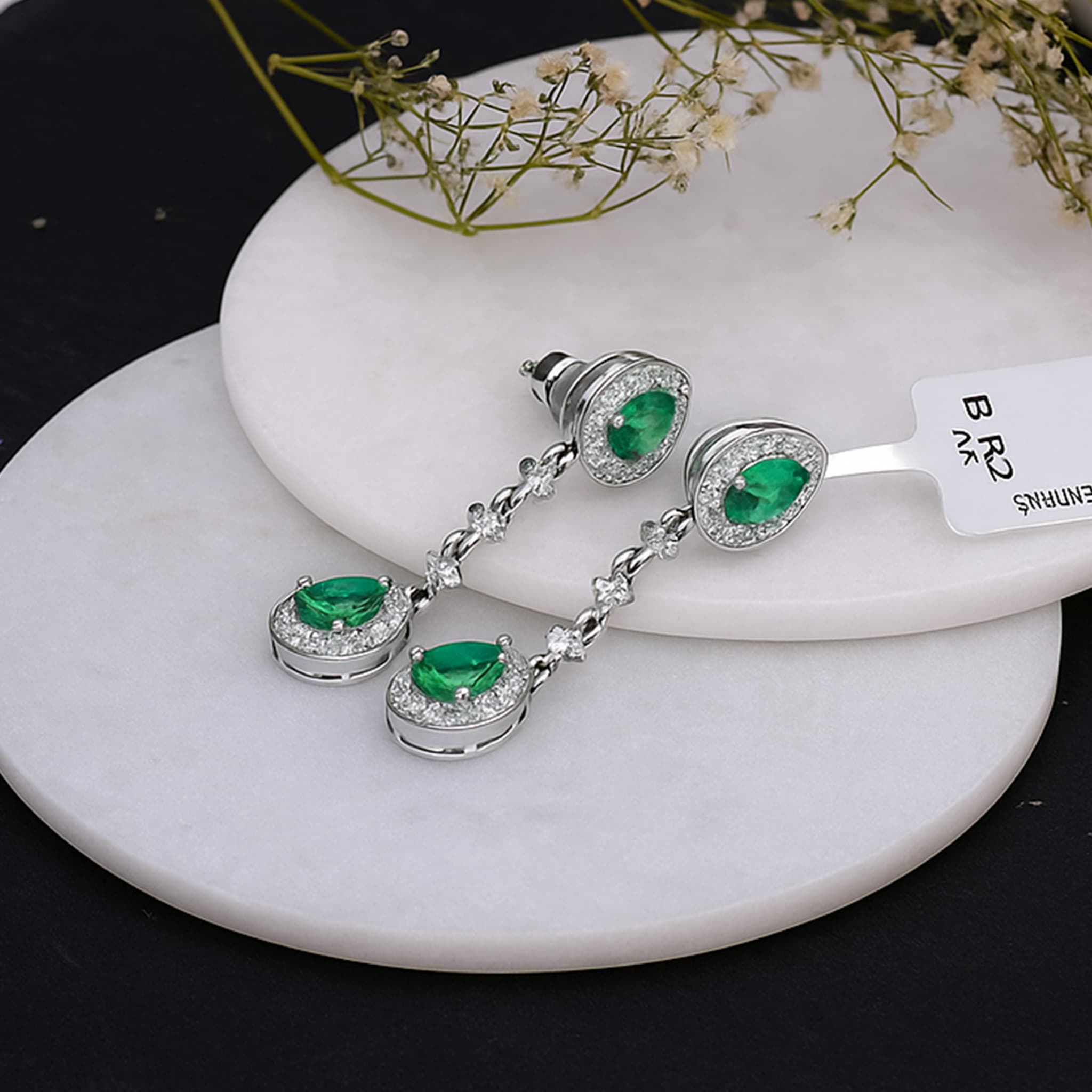 Emerald Diamond Teardrop Dangle Earrings