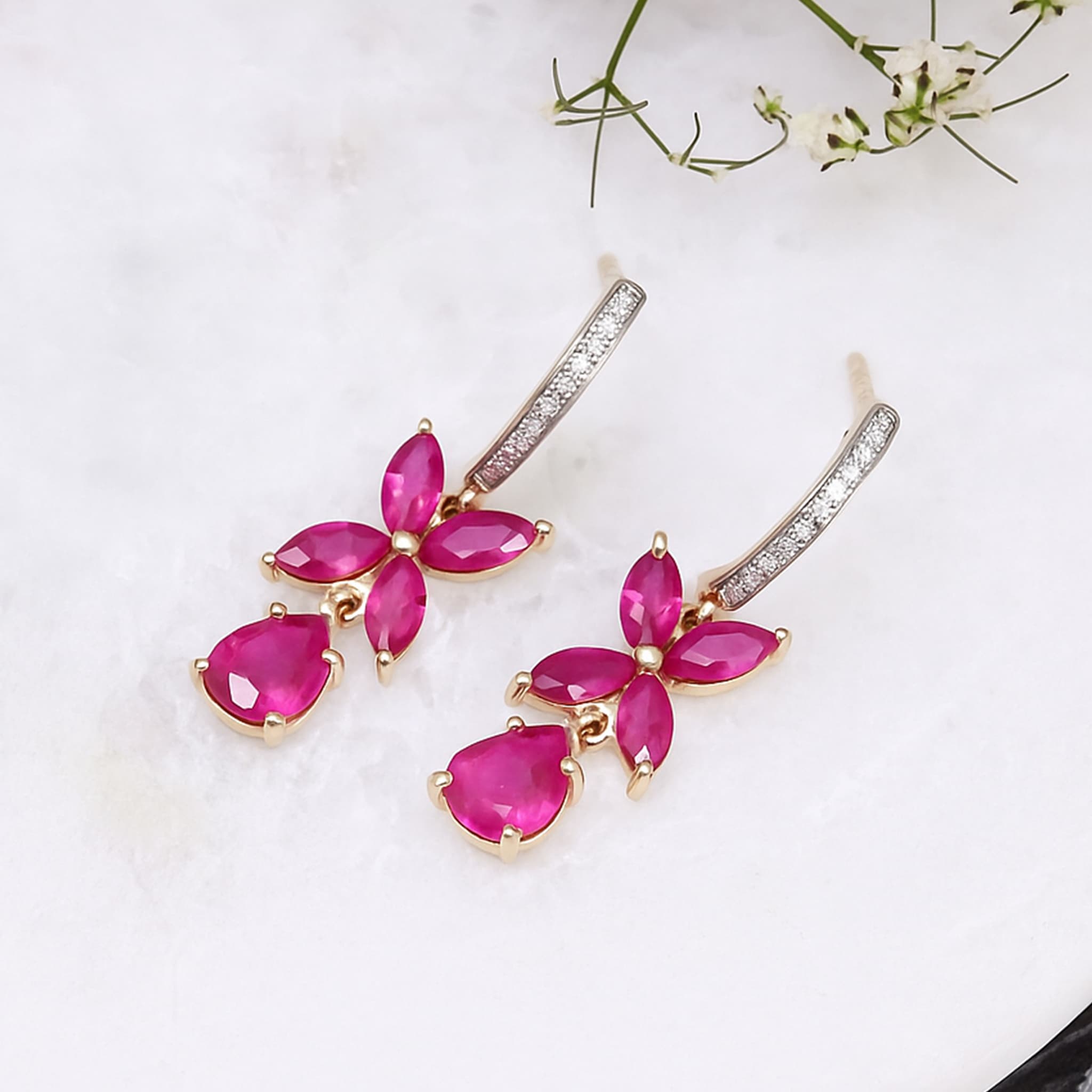 Roselle Ruby Diamond Floral Drop Earrings