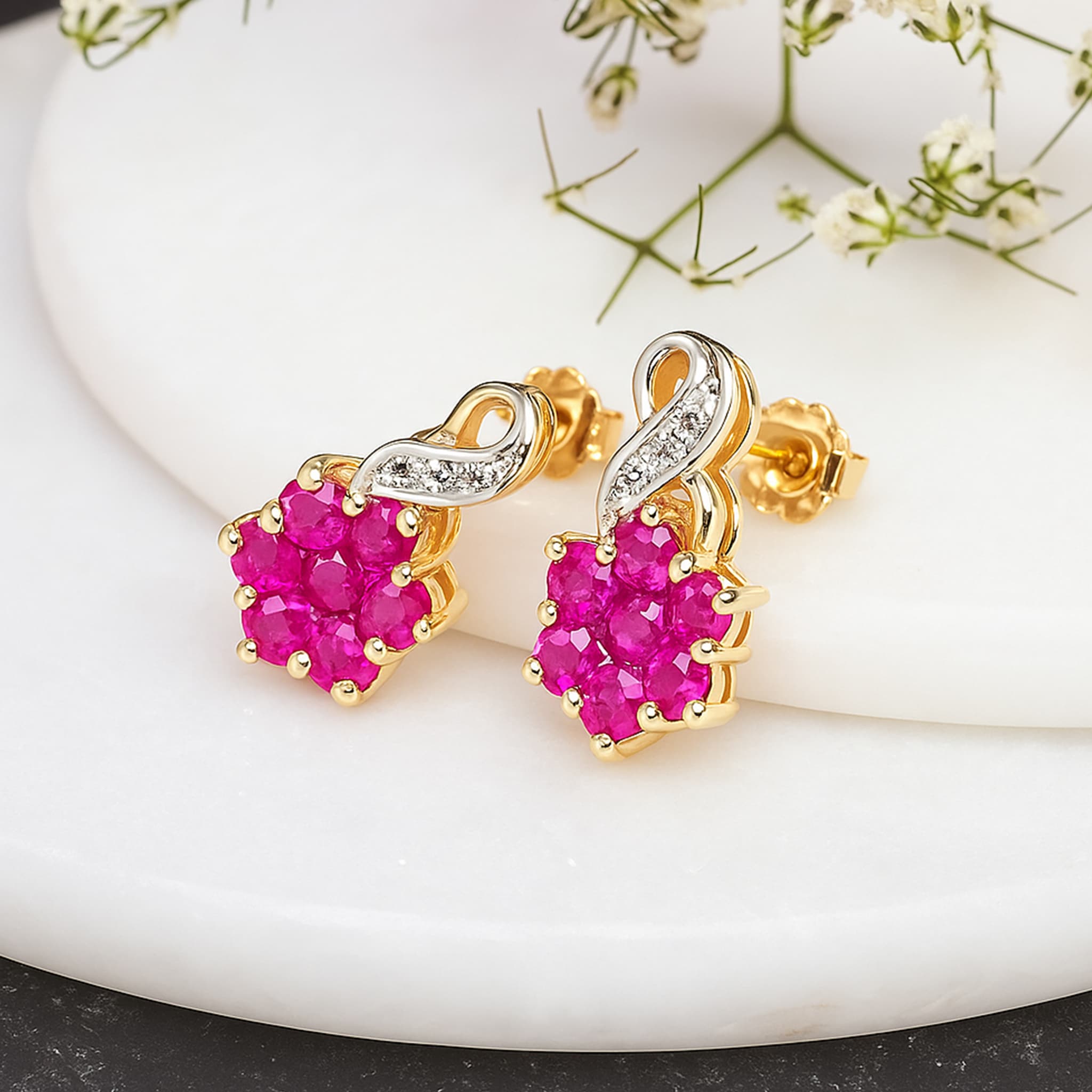 Rosette Ruby Diamond Cluster Stud Earrings