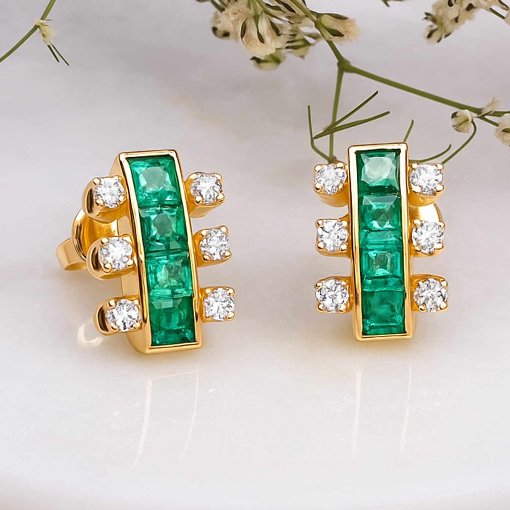 Regalia Emerald Diamond Bar Stud Earrings