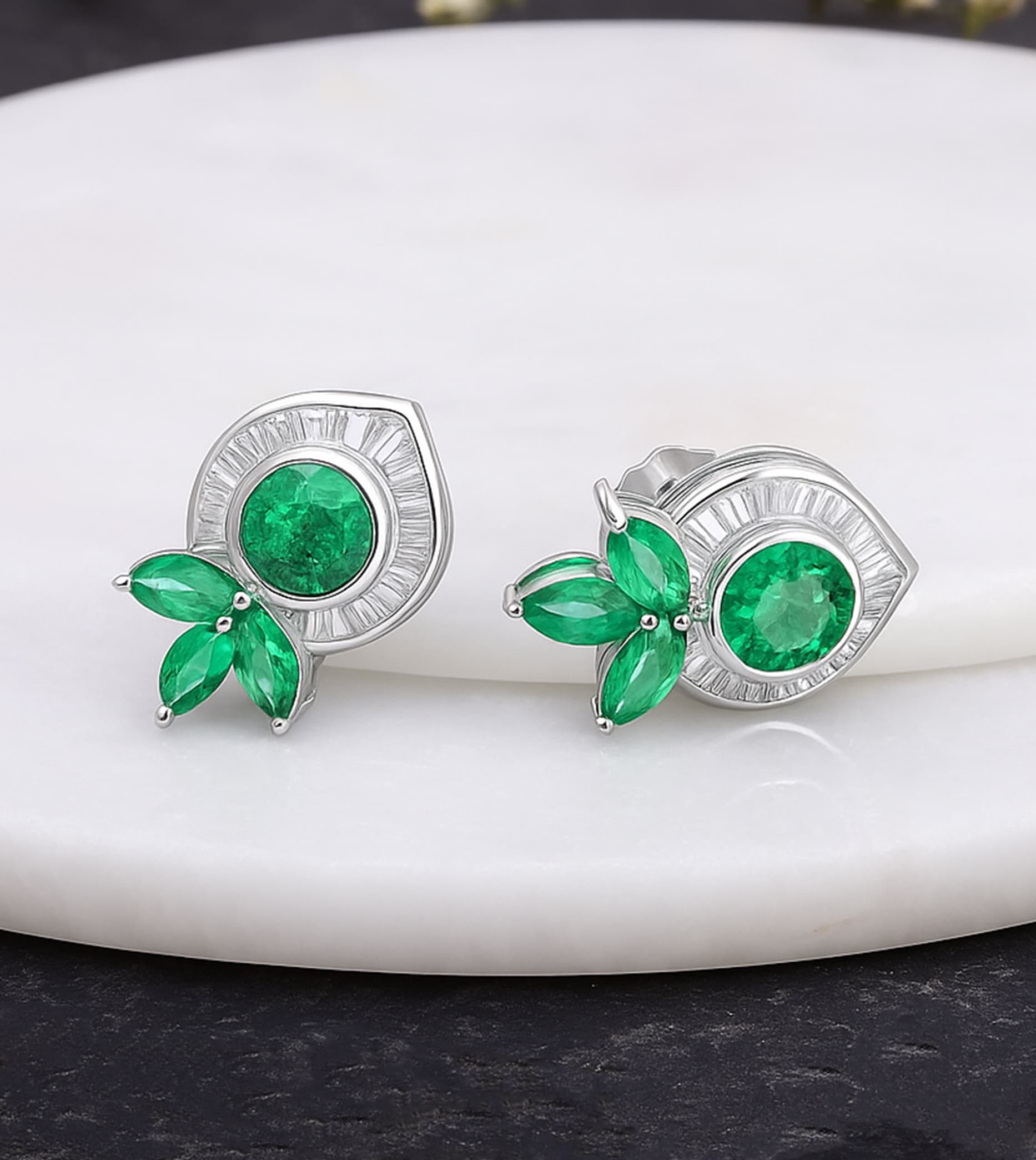 Elysian Emerald Diamond Floral Stud Earrings