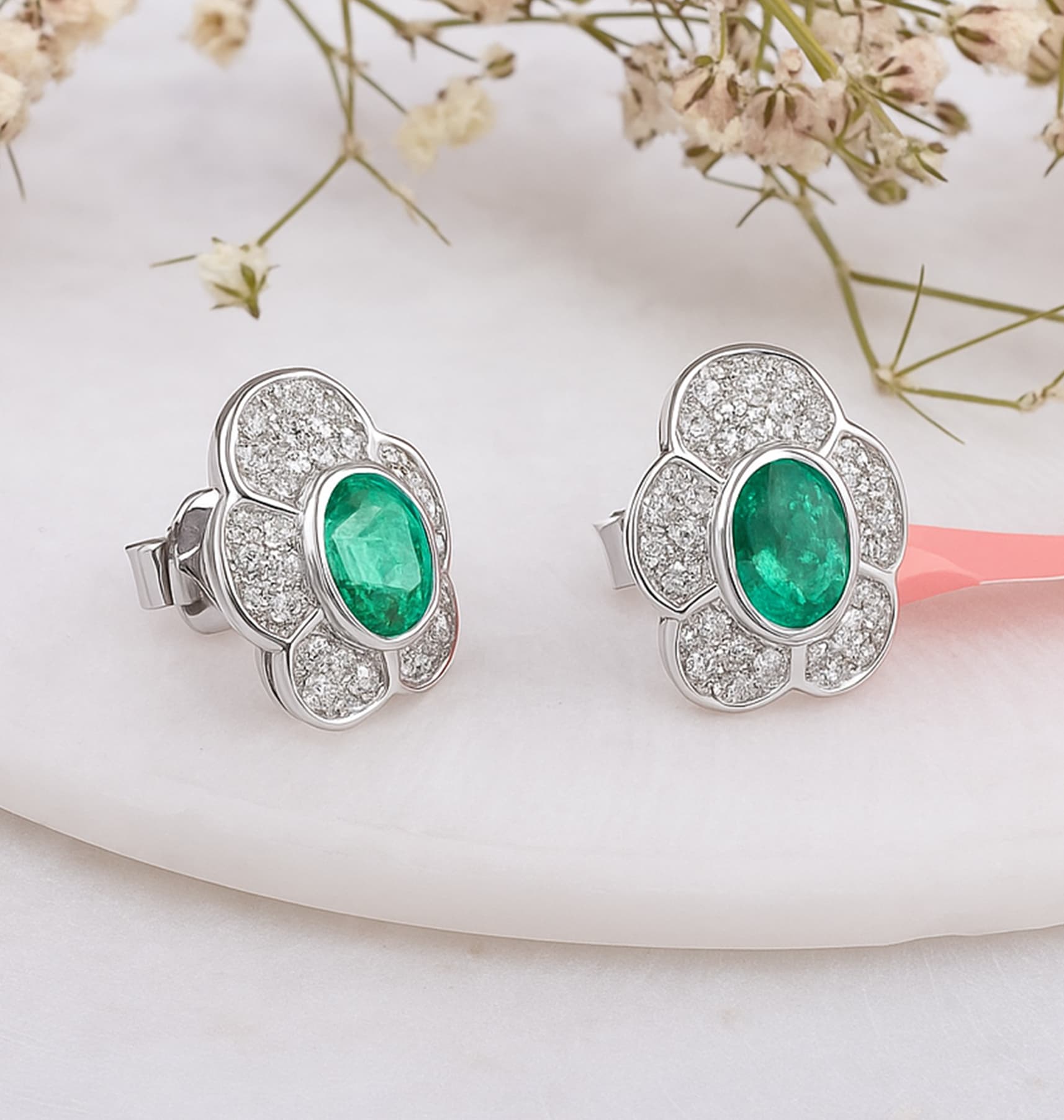 Emerald Blossom Diamond Stud Earrings