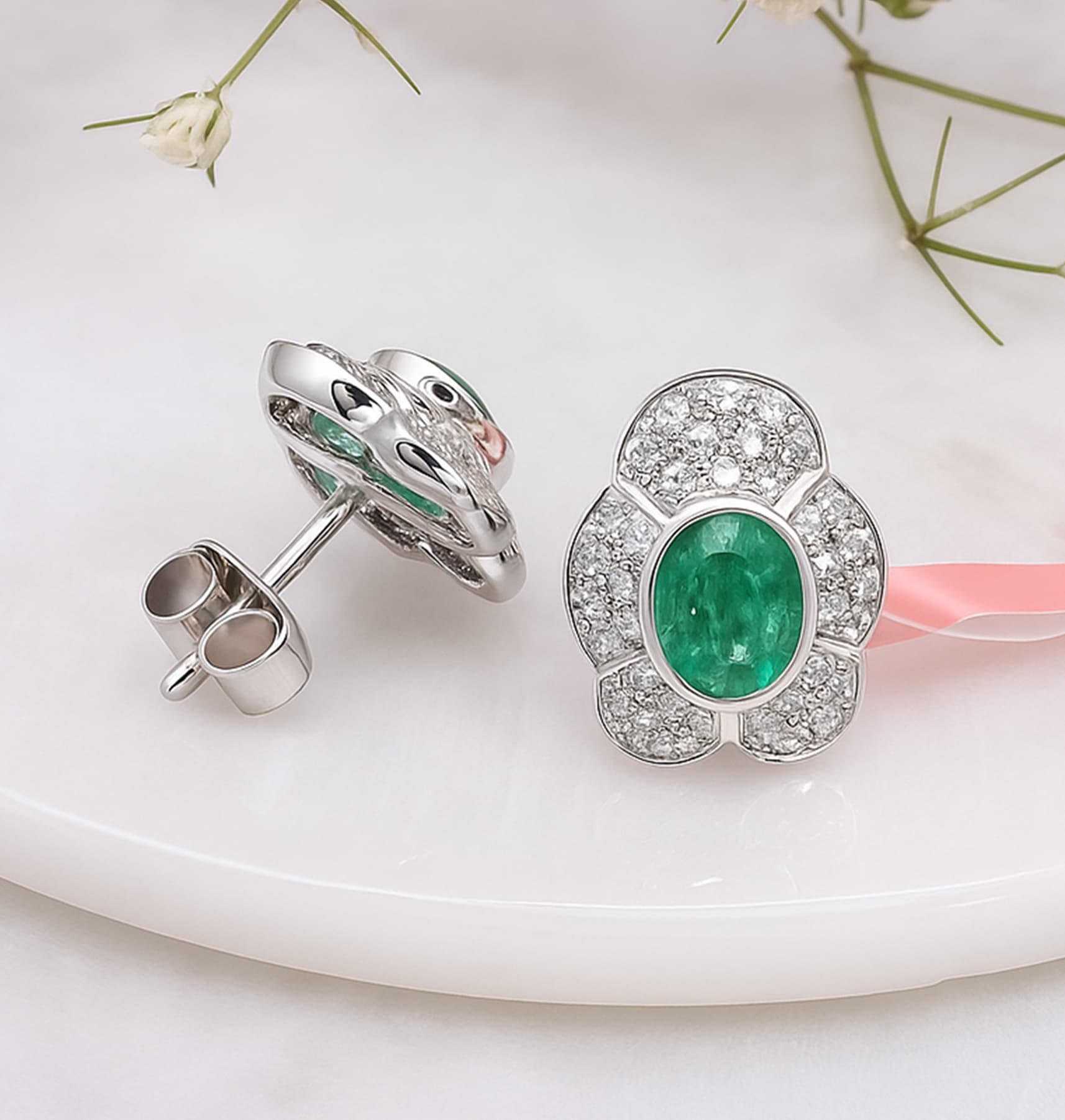 Emerald Blossom Diamond Stud Earrings
