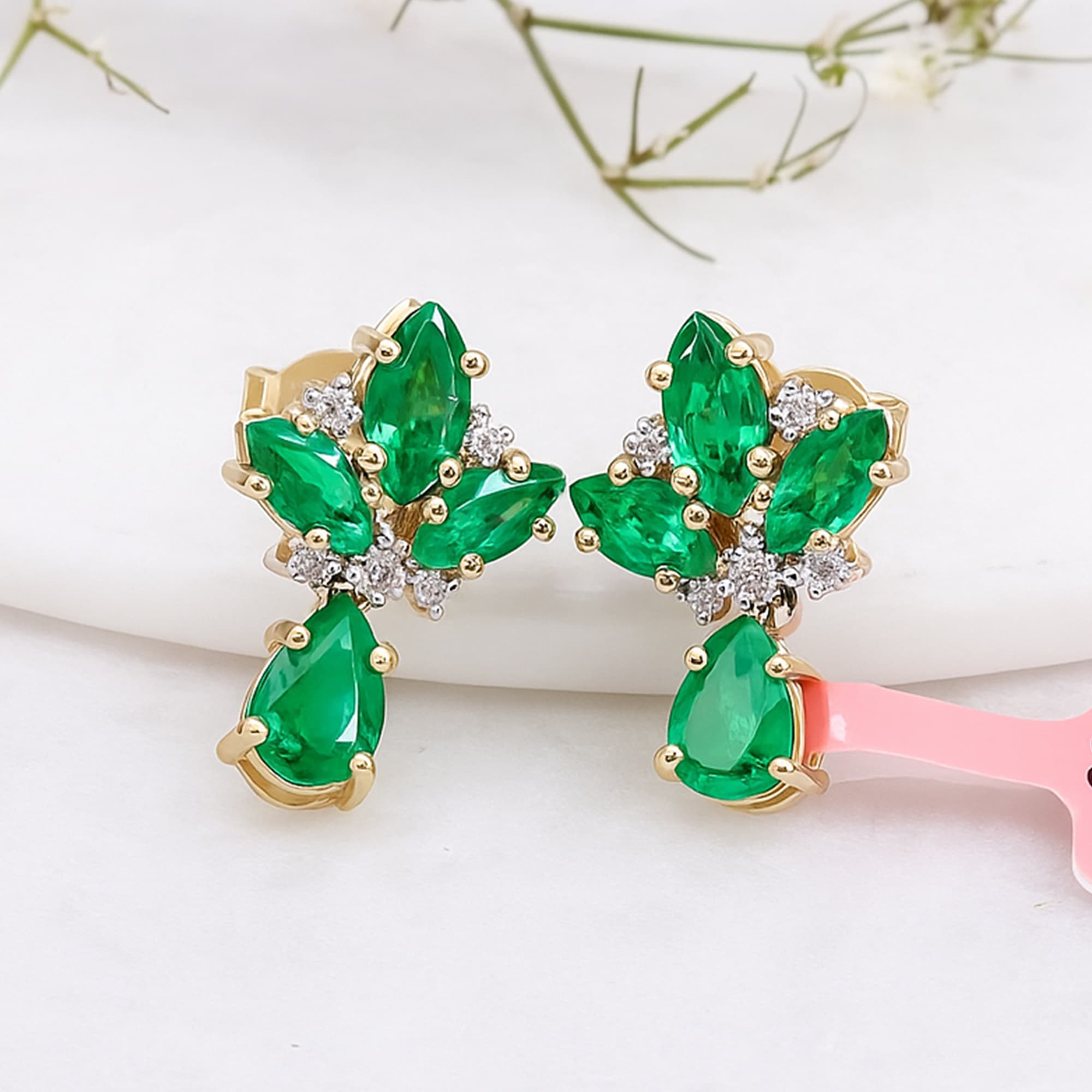 Imperial Emerald Diamond Floral Stud Earrings alternate view