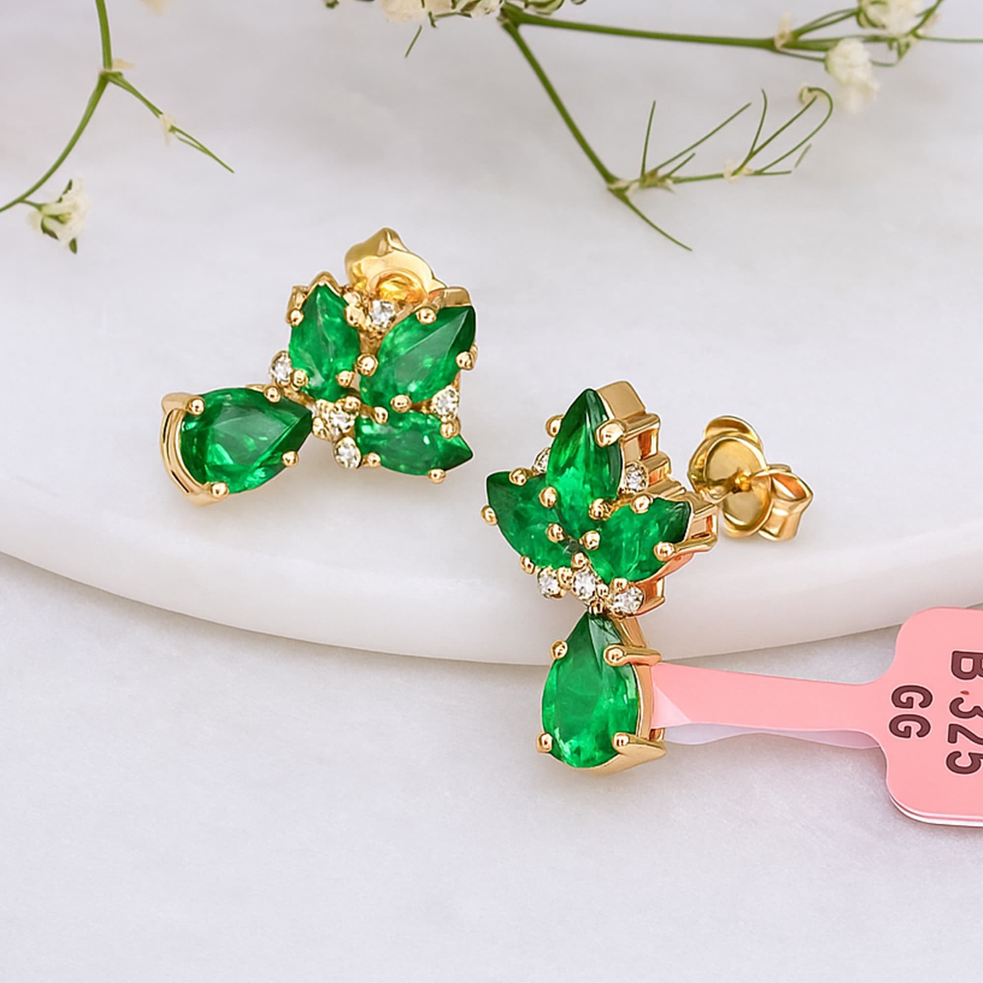 Imperial Emerald Diamond Floral Stud Earrings