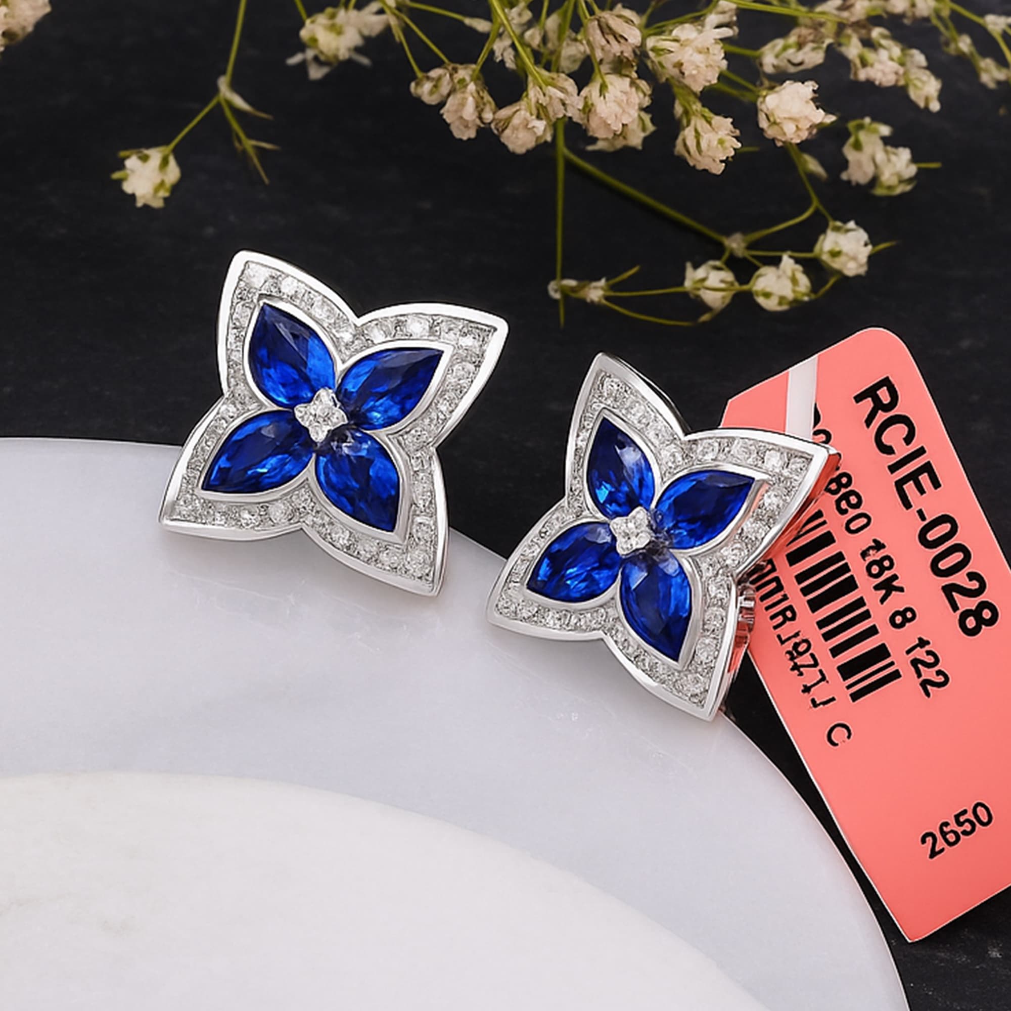Royal Blue Sapphire Floral Diamond Stud Earrings