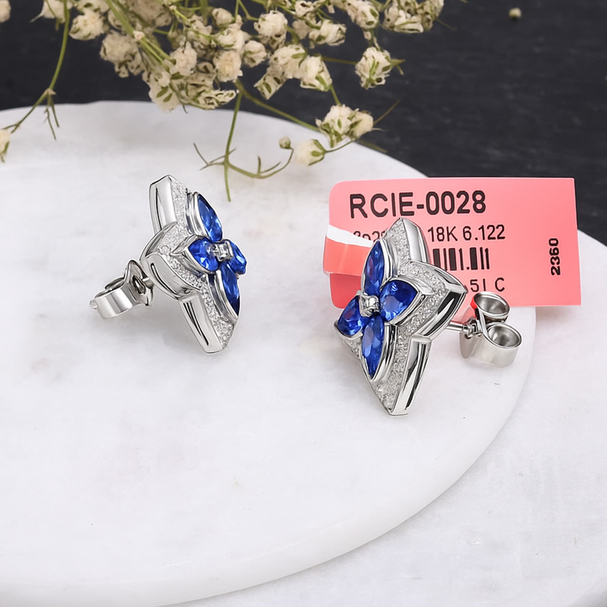 Royal Blue Sapphire Floral Diamond Stud Earrings