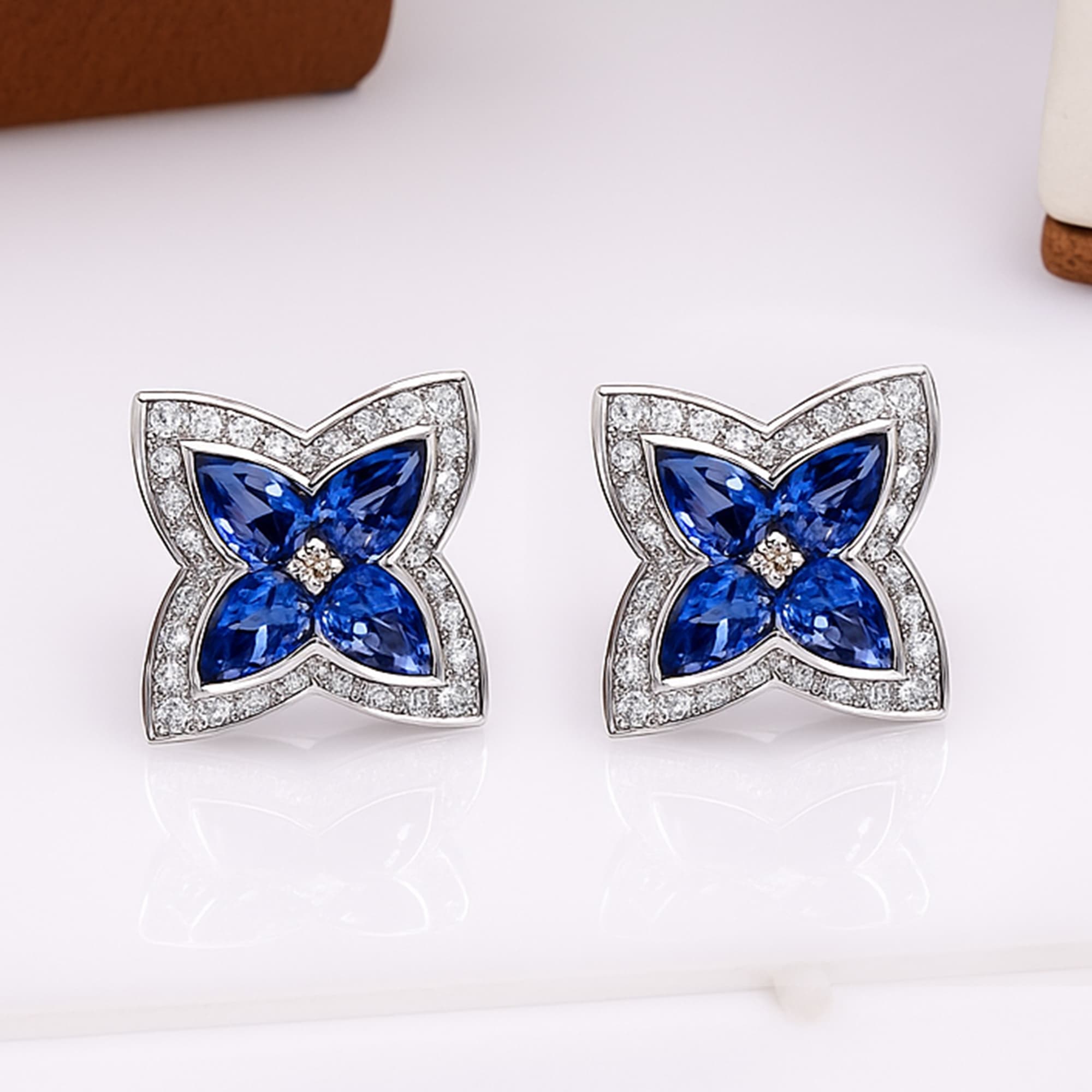 Royal Blue Sapphire Floral Diamond Stud Earrings