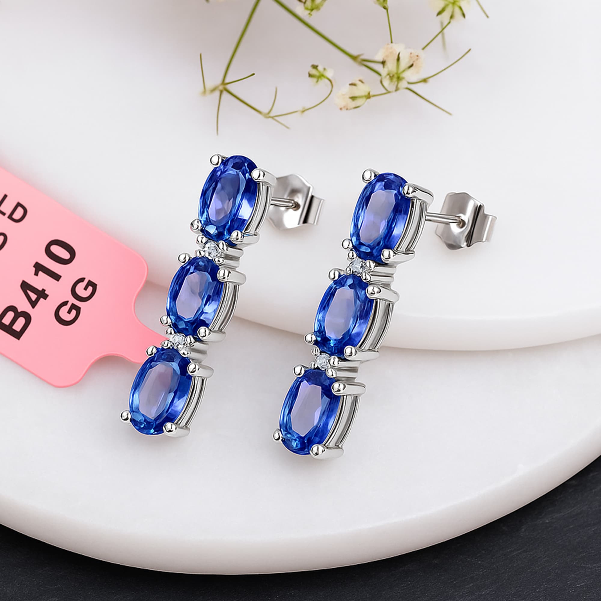 Royal Blue Sapphire Linear Drop Stud Earrings alternate view