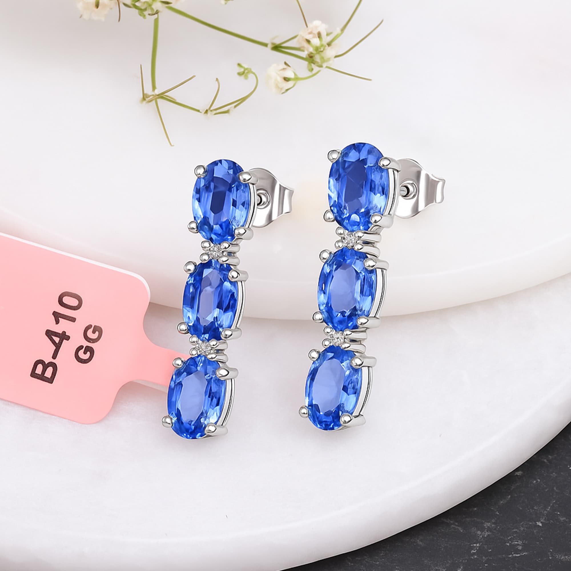 Royal Blue Sapphire Linear Drop Stud Earrings