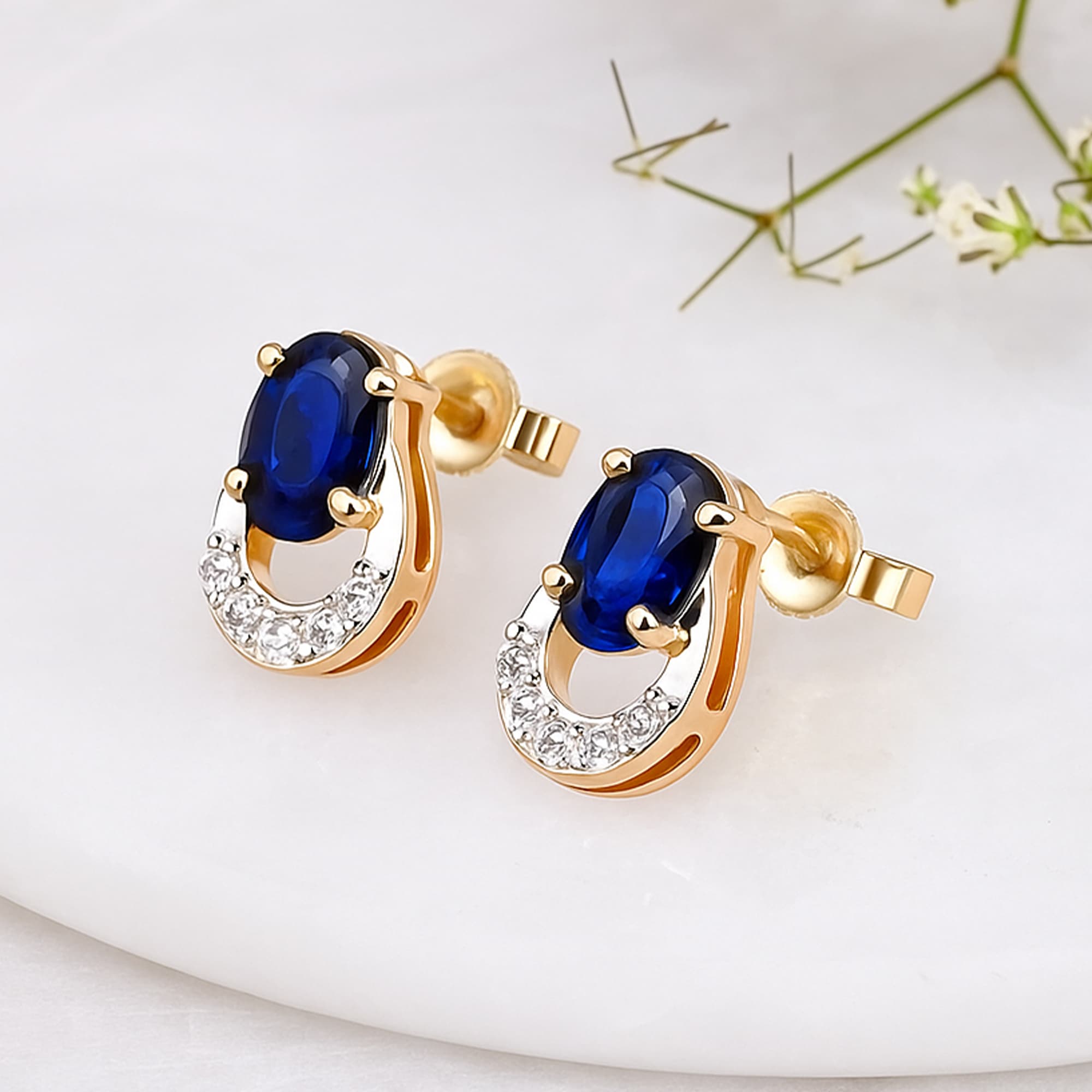 Royal Blue Sapphire Diamond Halo Stud Earrings