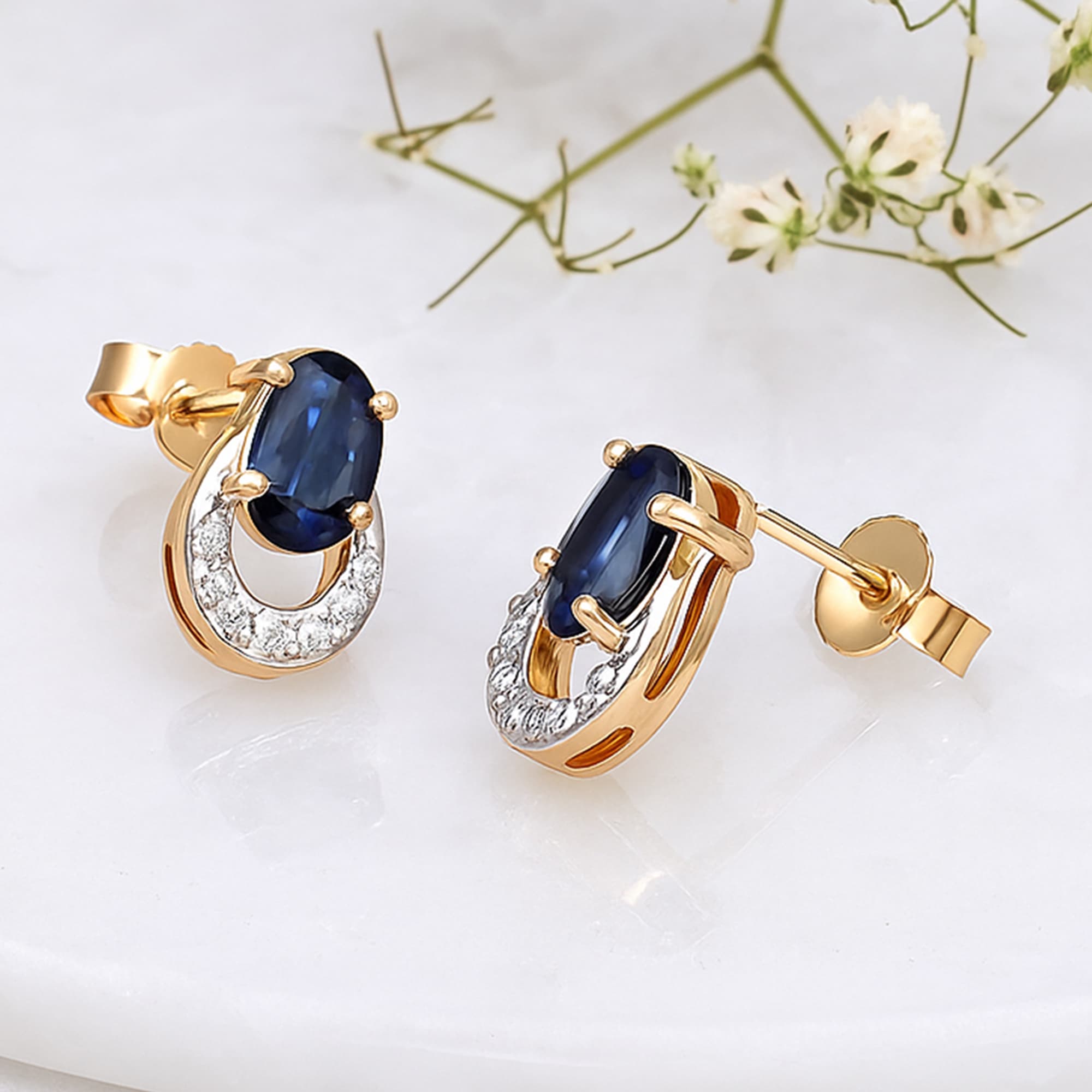Royal Blue Sapphire Diamond Halo Stud Earrings
