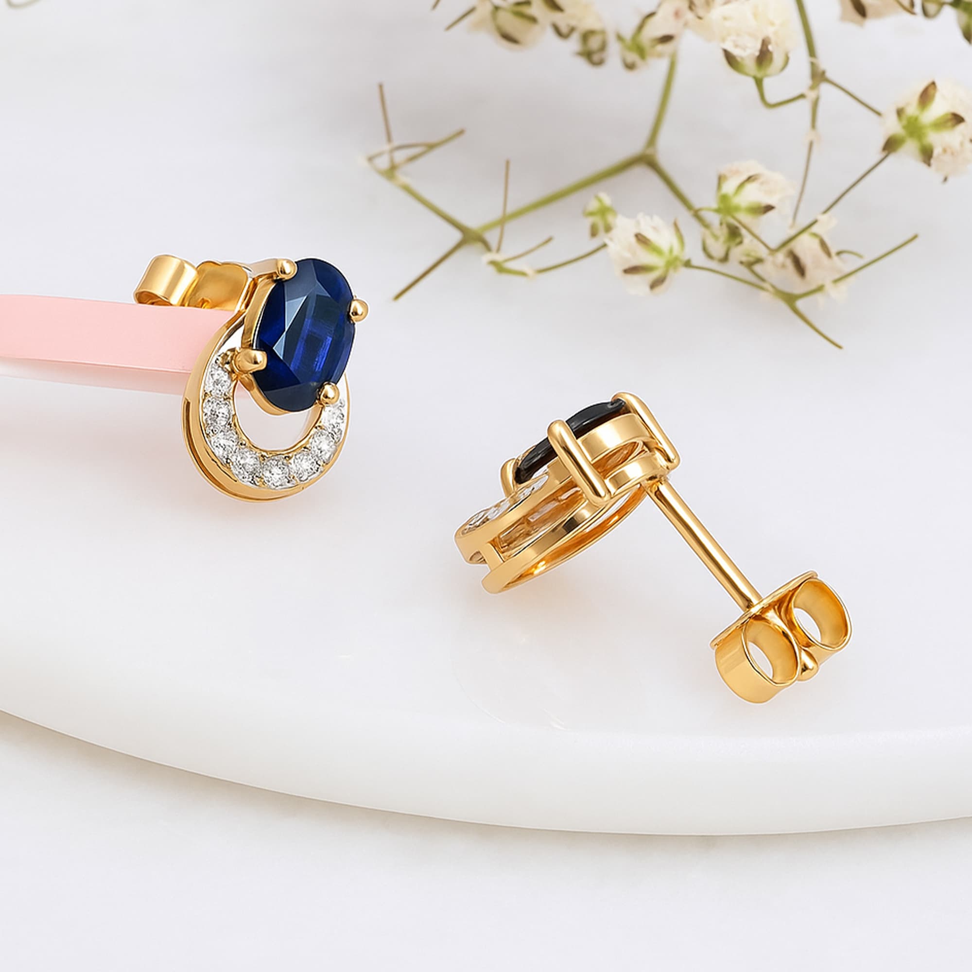 Royal Blue Sapphire Diamond Halo Stud Earrings