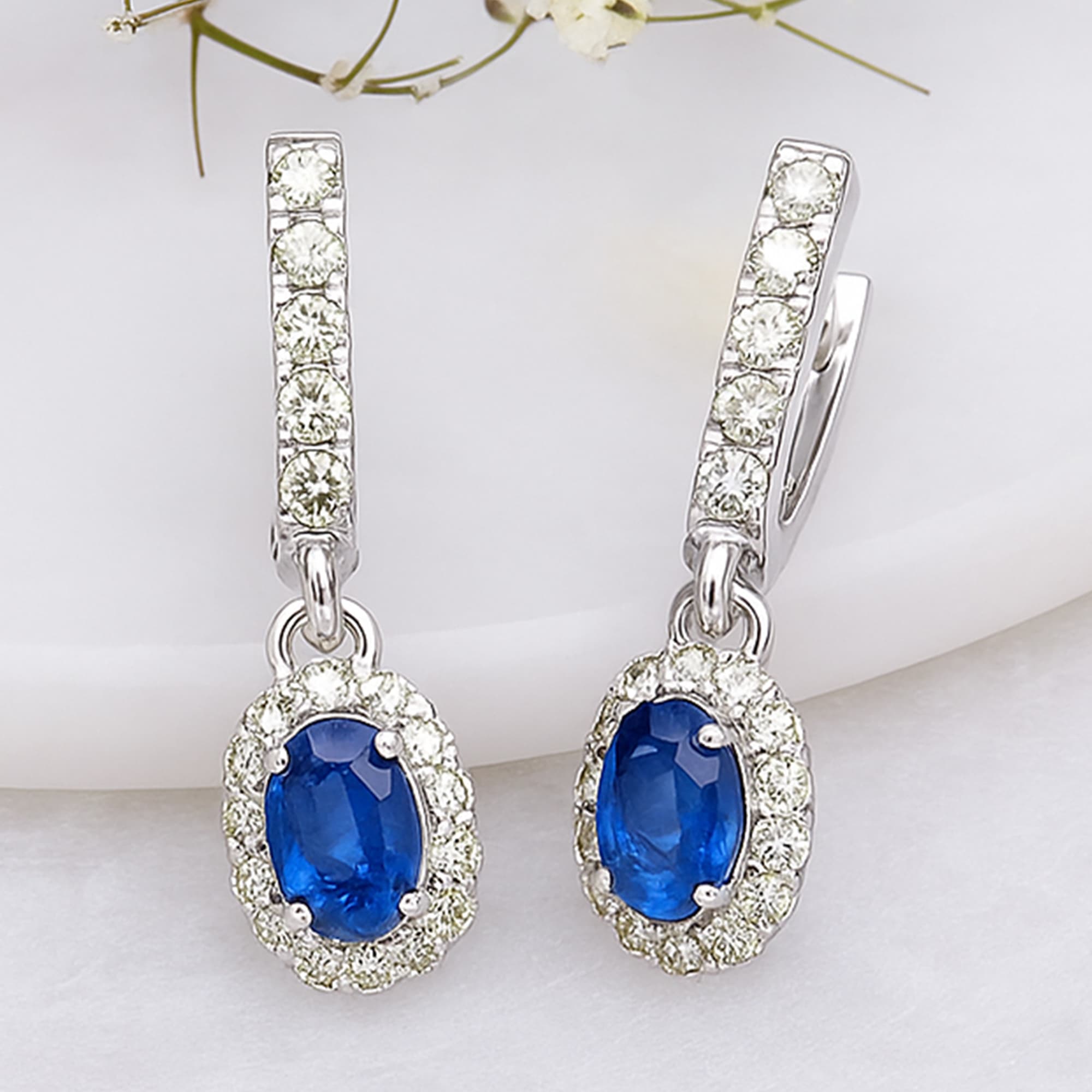 Royal Blue Sapphire Diamond Halo Drop Earrings