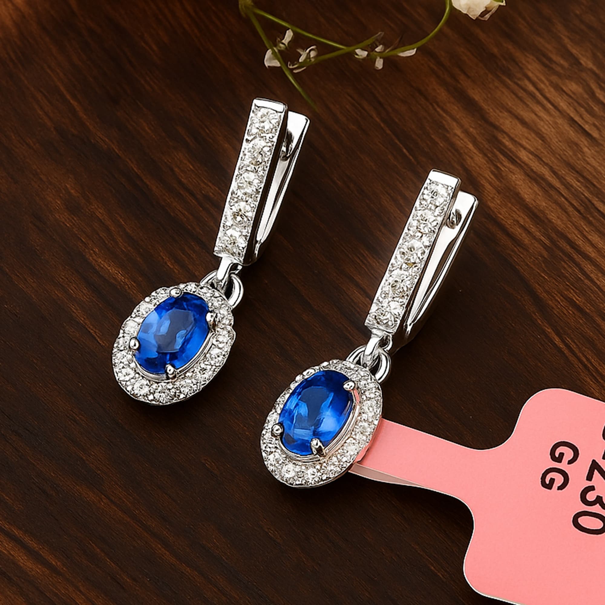 Royal Blue Sapphire Diamond Halo Drop Earrings