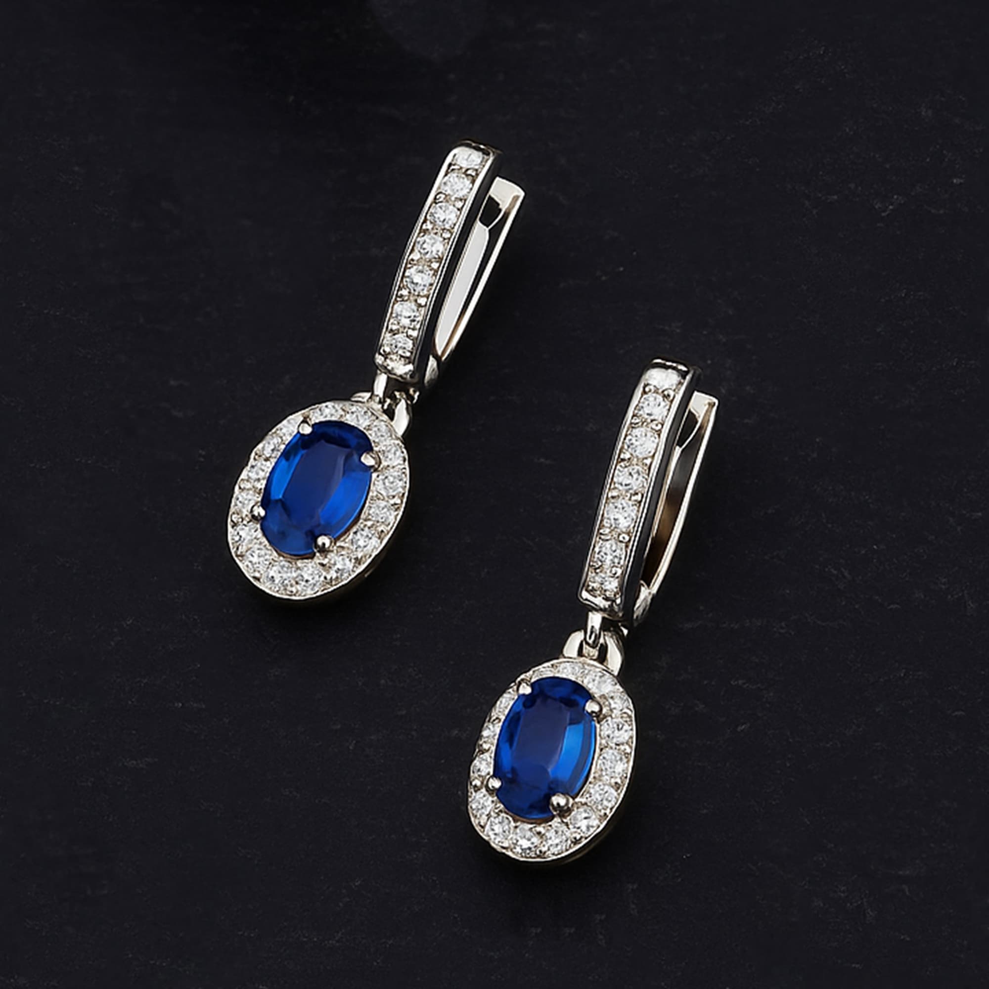 Royal Blue Sapphire Diamond Halo Drop Earrings