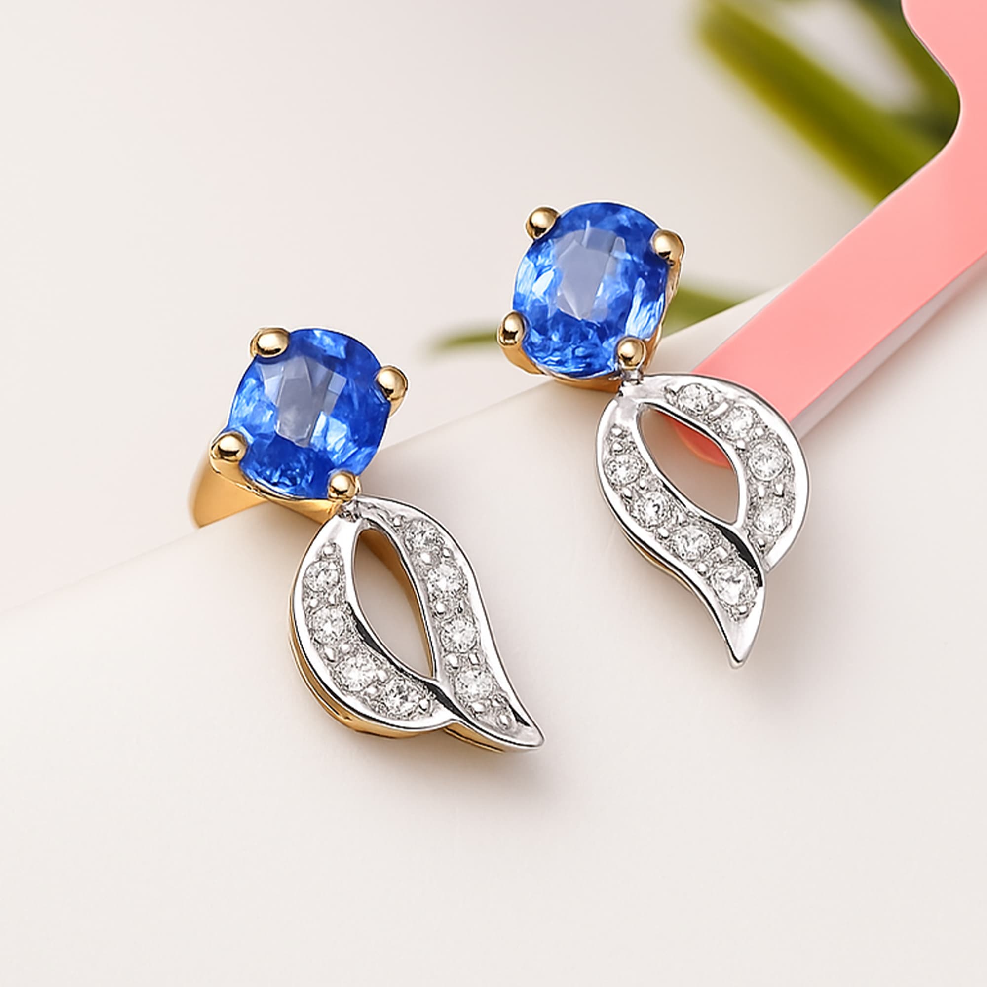 Azure Leaf Blue Sapphire Diamond Drop Earrings