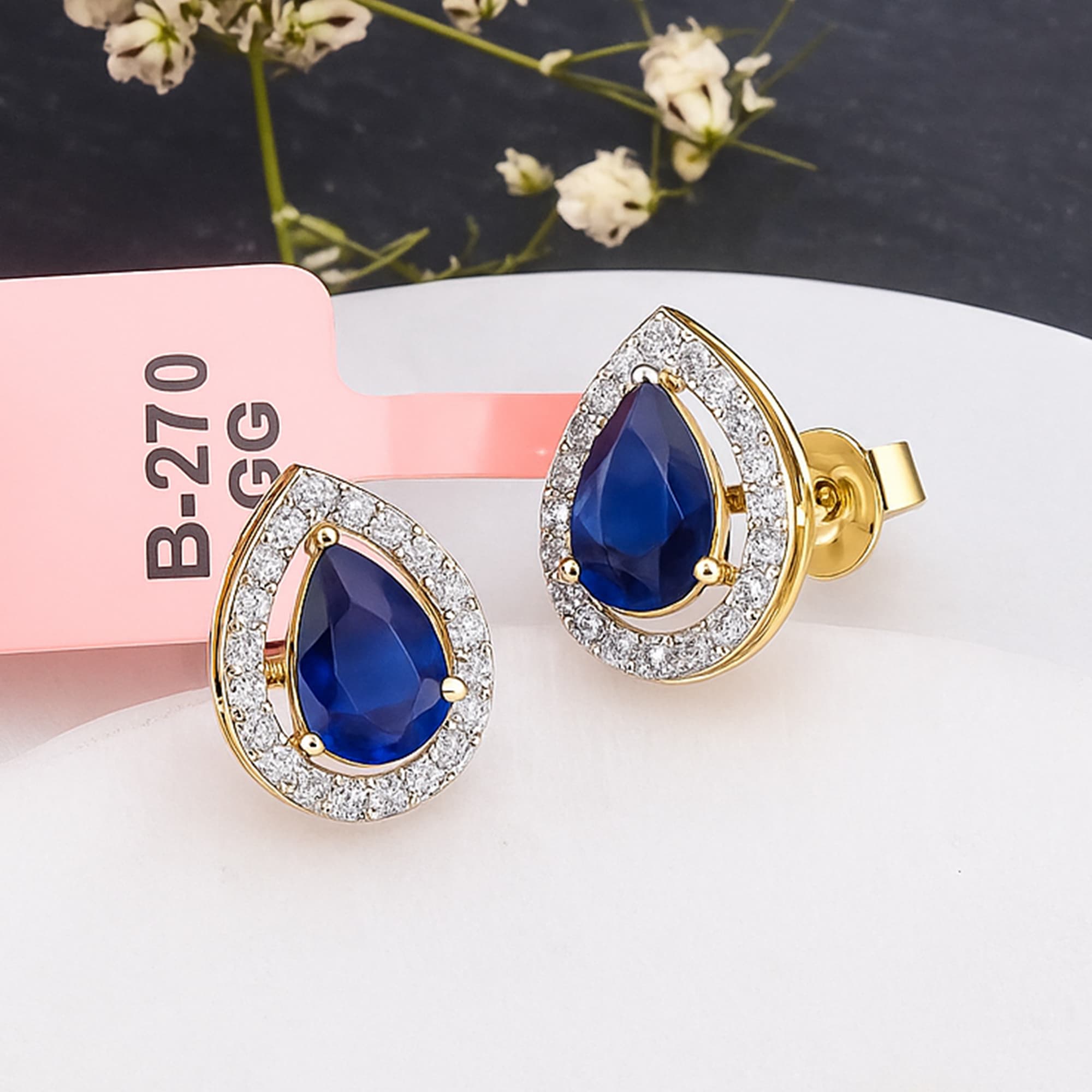 Royal Pear Blue Sapphire Diamond Halo Stud Earrings