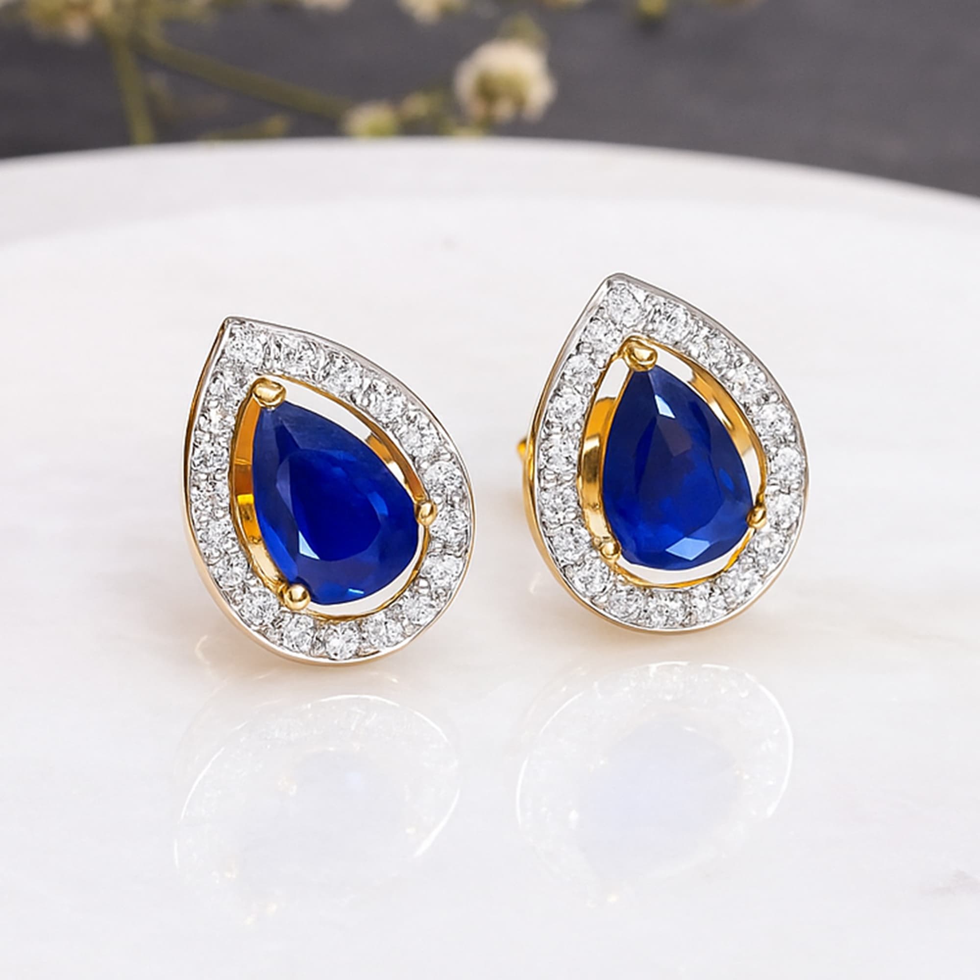 Royal Pear Blue Sapphire Diamond Halo Stud Earrings