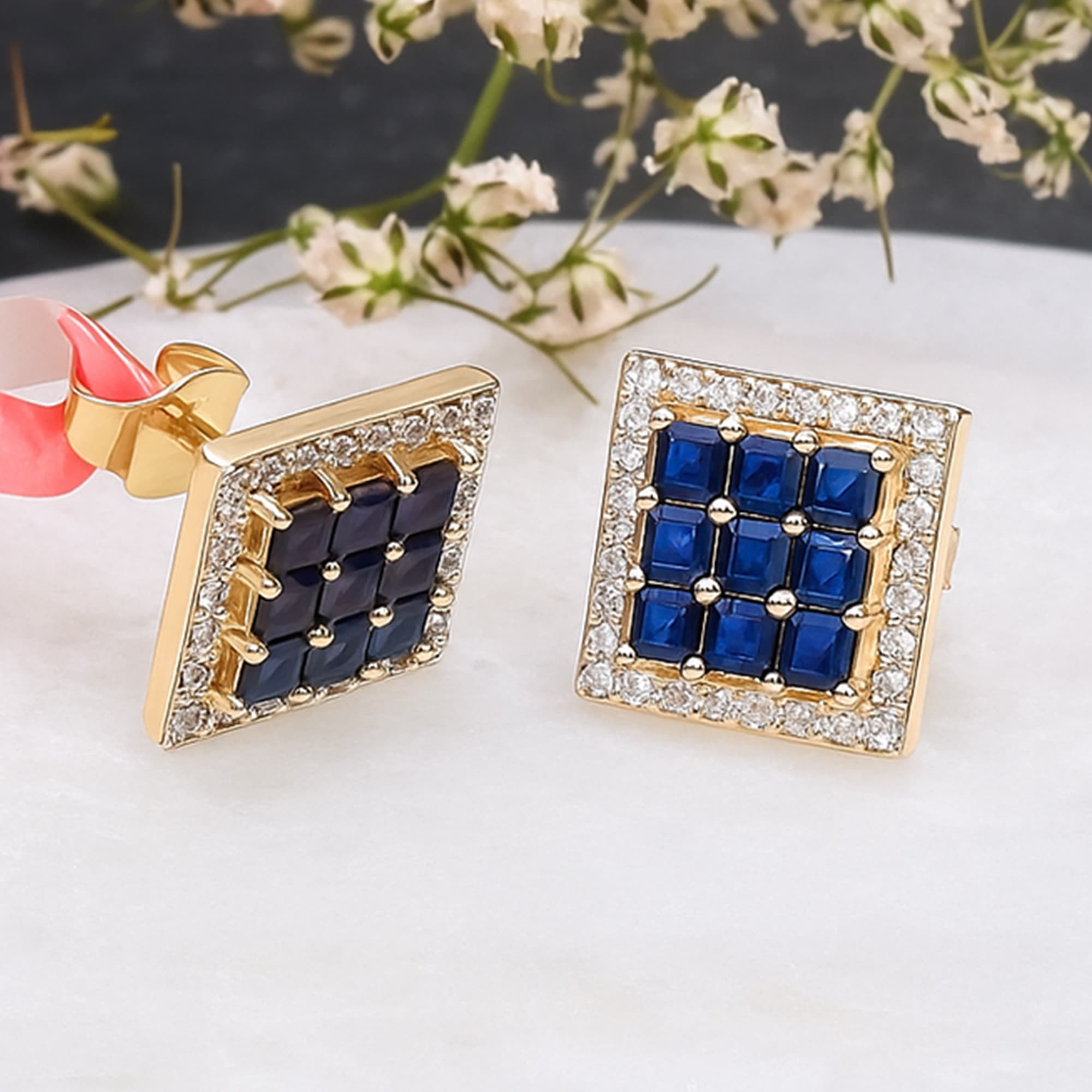 Royal Sapphire Grid Diamond Stud Earrings
