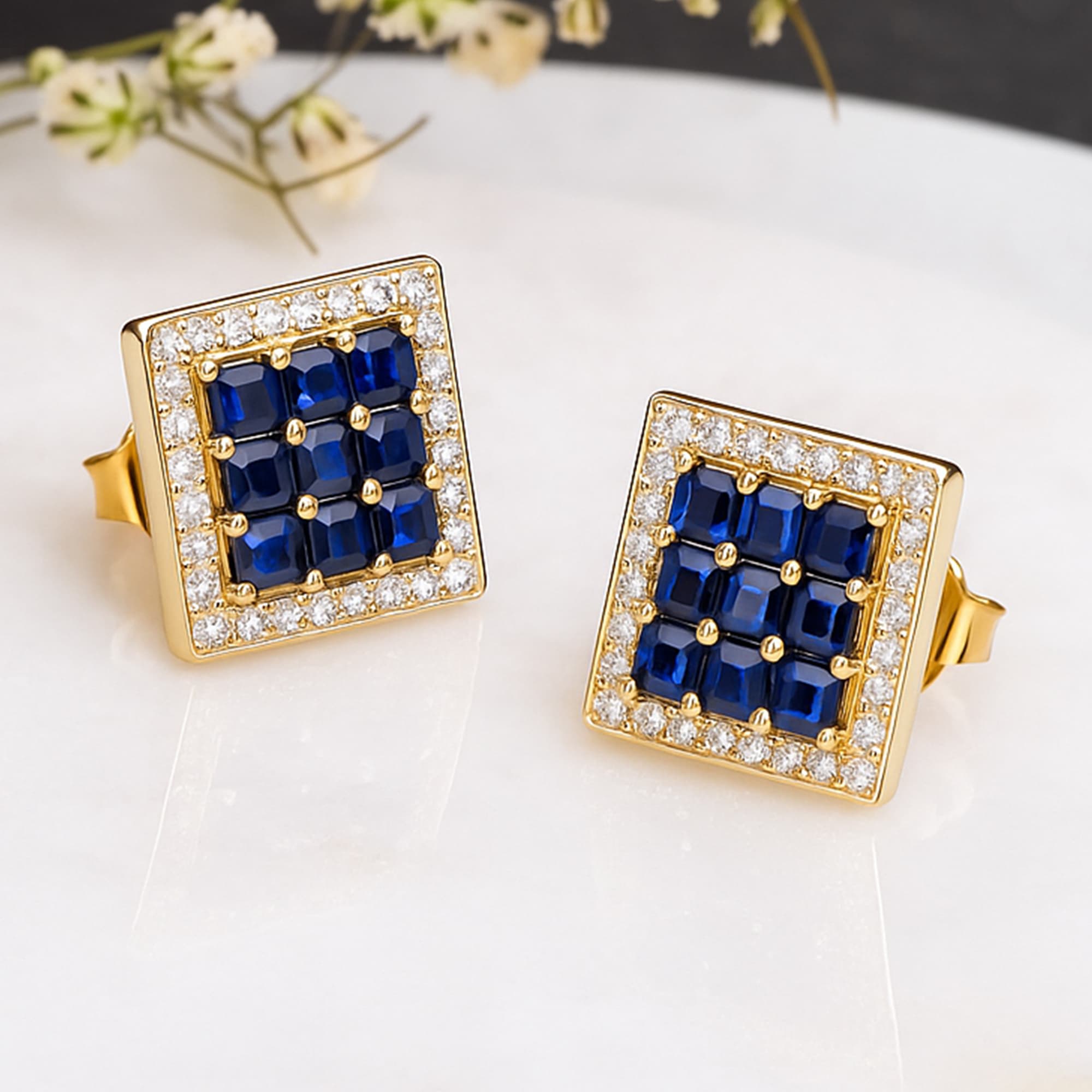 Royal Sapphire Grid Diamond Stud Earrings