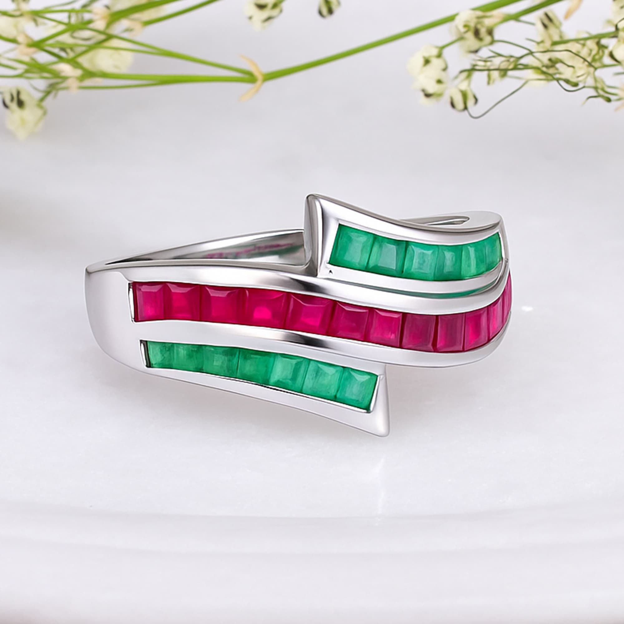 Ruby & Emerald Ribbon Wave Ring