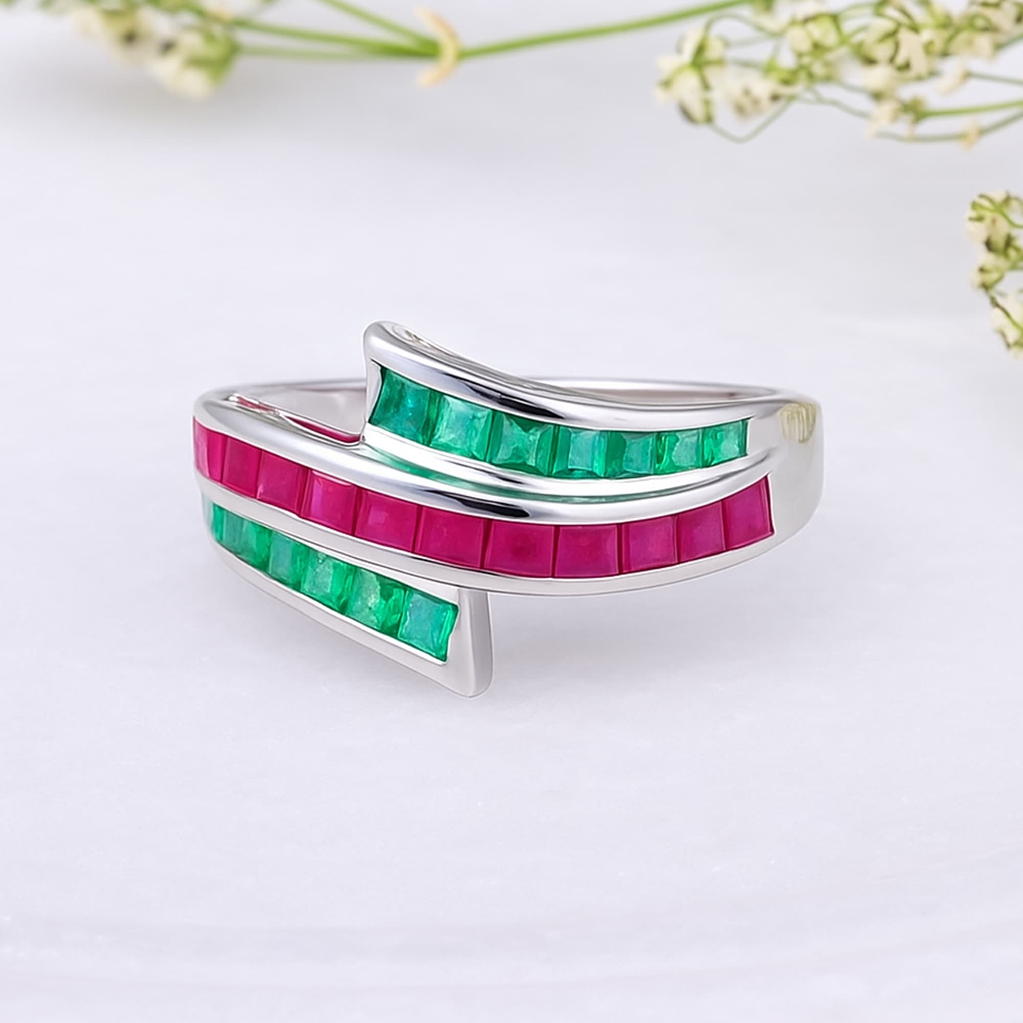 Ruby & Emerald Ribbon Wave Ring