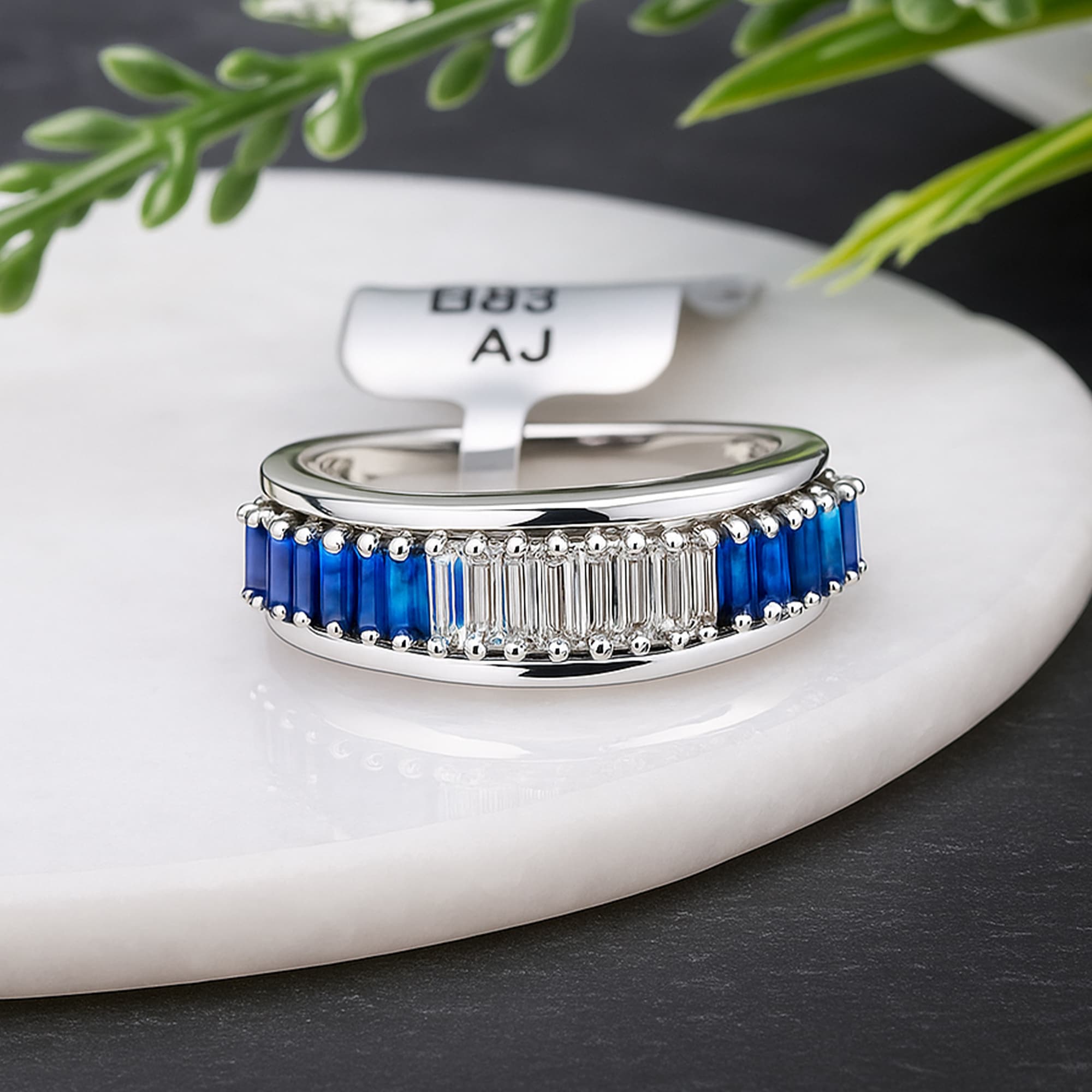 Blue Sapphire & Diamond Half Eternity Ring