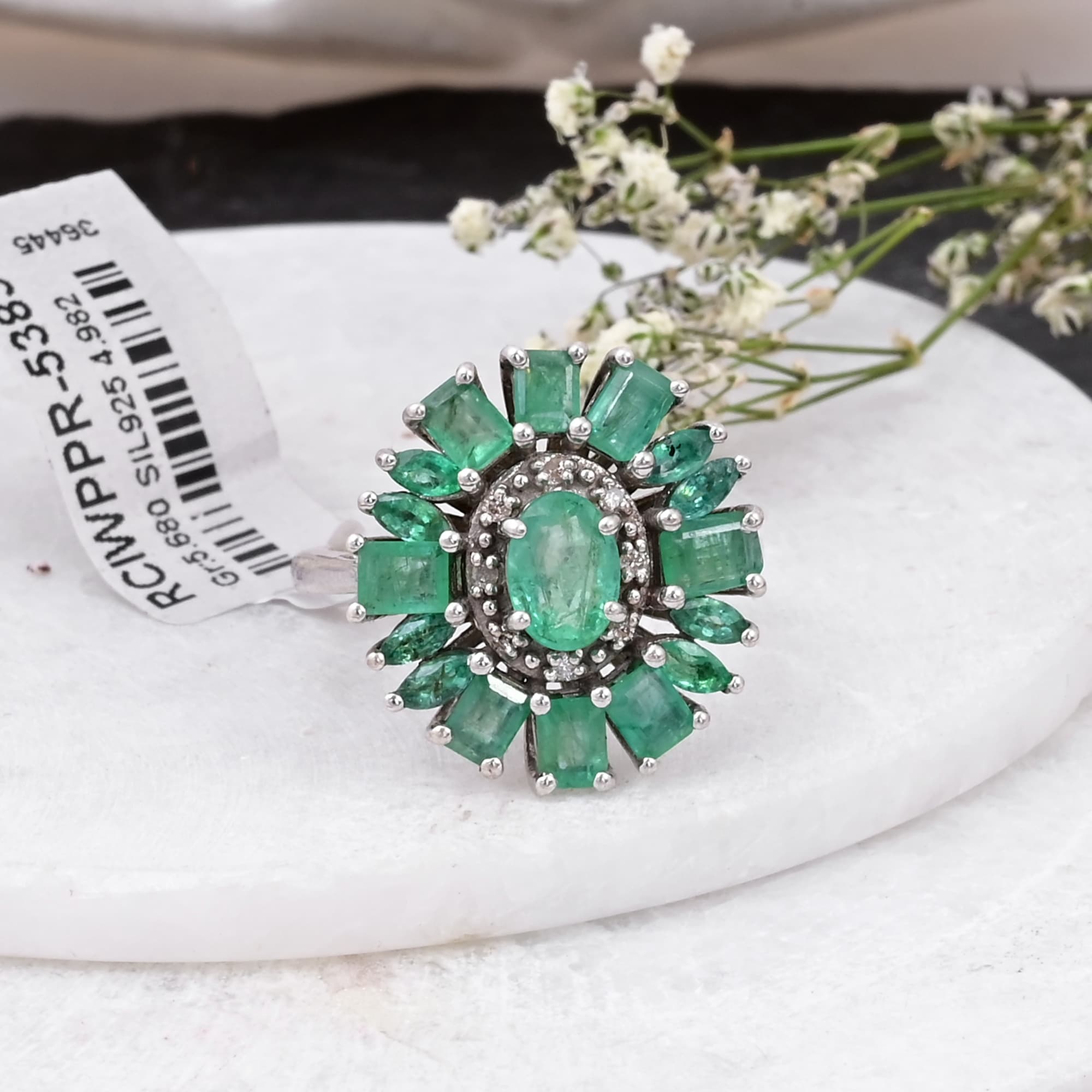 Emerald Sunburst Halo Ring